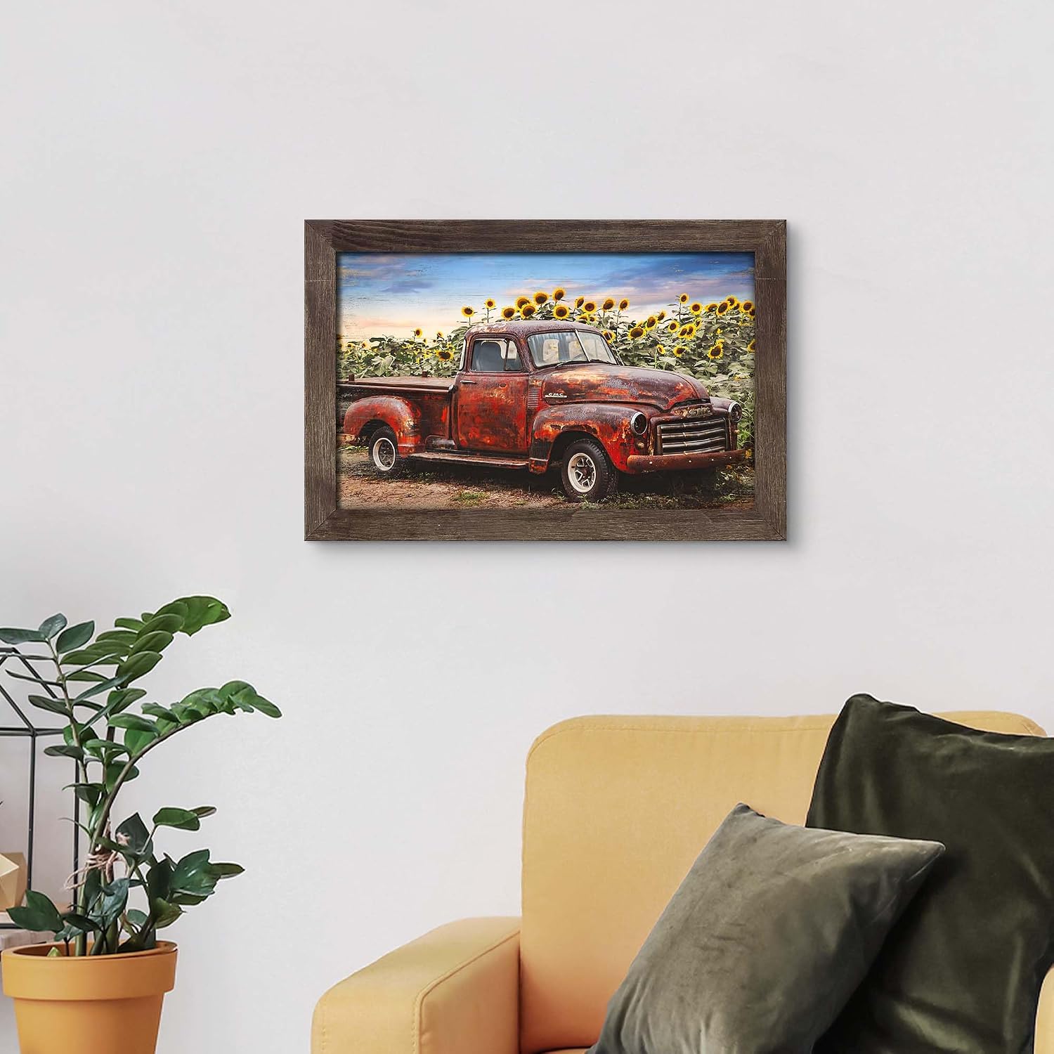 Sunflower Red Truck Wood Framed Wall Art, 24x16 Inch