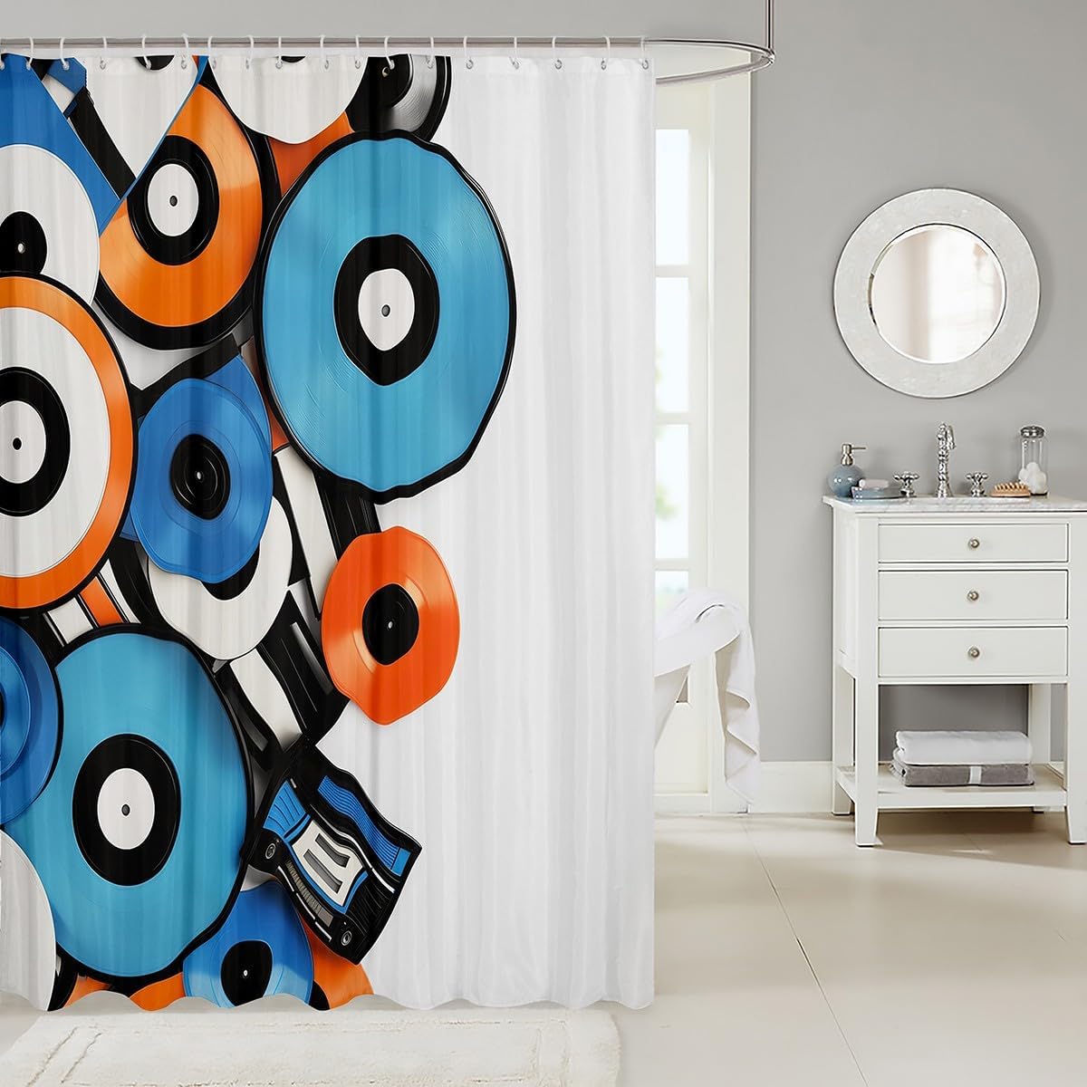 Vinyl Records Kids Fabric Shower Curtain Blue Music Radio Vintage Shower Curtain,Mucical Disc Pattern Bathroom Shower Curtain Sets 72" W X 72" L Music Instrument Decorations Bathroom Accessories image 2