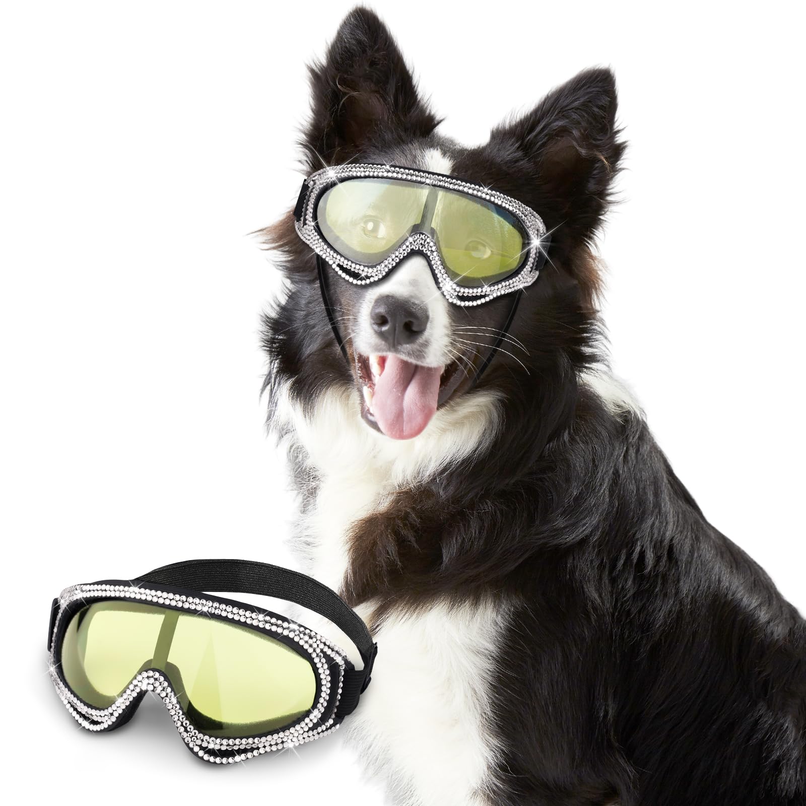 WOOFUU Pet Sunglasses for Dogs and Cats, UV Protection Glasses with Diamond Accents, Yellow-Reflective Lenses