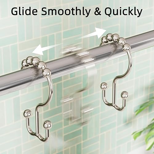 Vista 5 de Amazer Shower Curtain Hooks, Rust-Resistant Metal Double Shower Curtain Rings for Curtain Rolling Shower Hooks, 12PCS Shower Rings for Bathroom