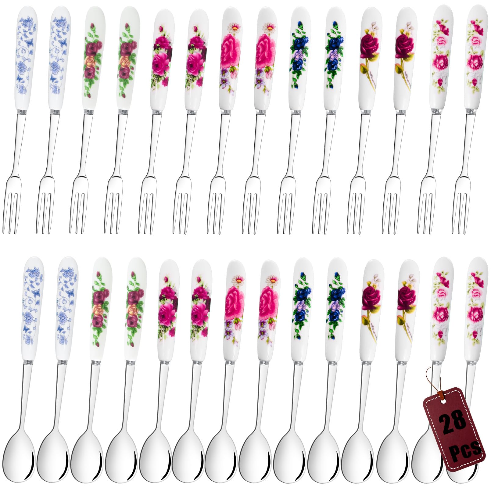 28 Pcs Dessert Forks and Spoons Silverware Set with Ceramic Handle