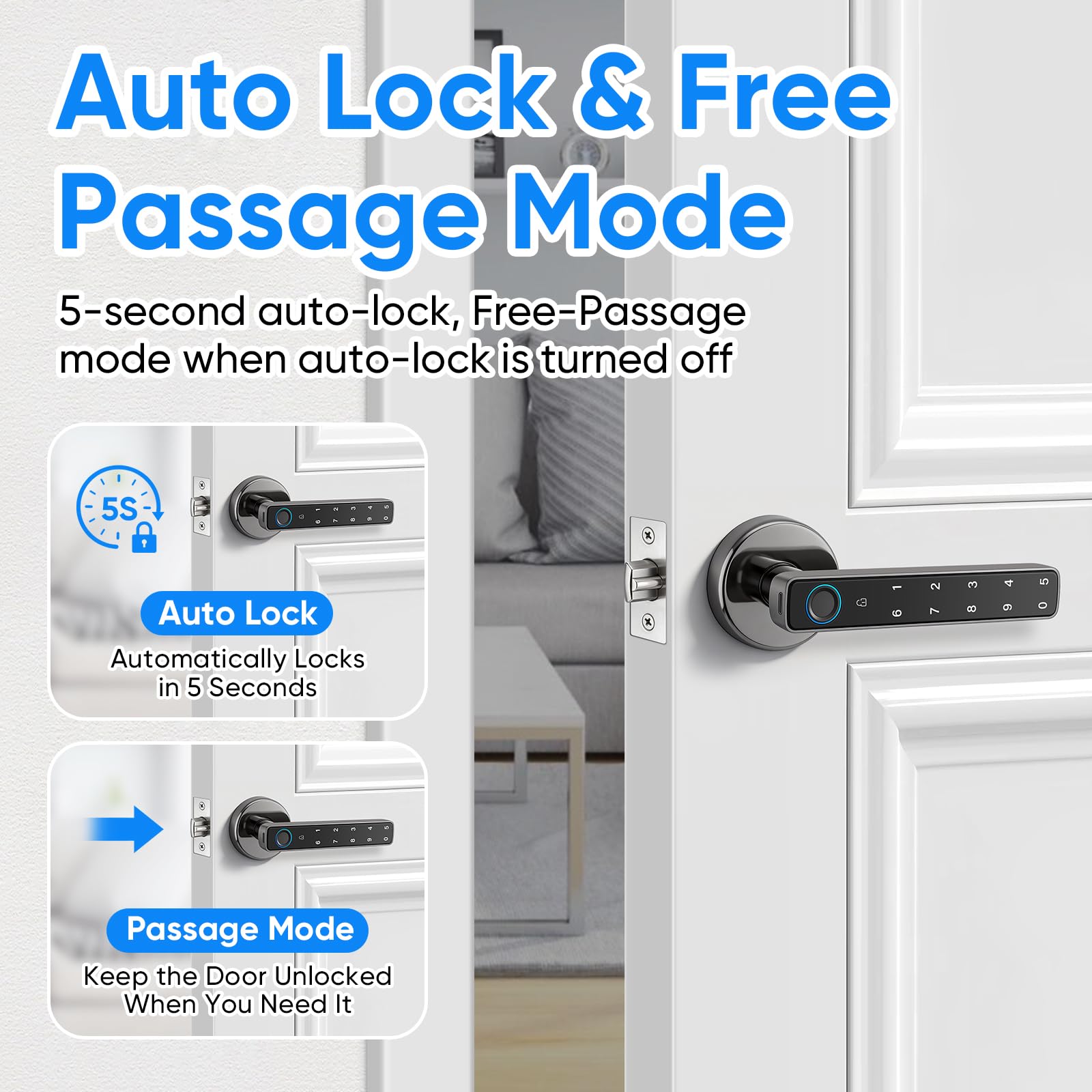 Cerradura Inteligente para Puertas, Cerradura de Puerta Inteligente de Huellas Dactilares con Manija Teclado, Control por App, Almacenamiento Local de Datos, 5 Métodos de Apertura, Sin Llaves