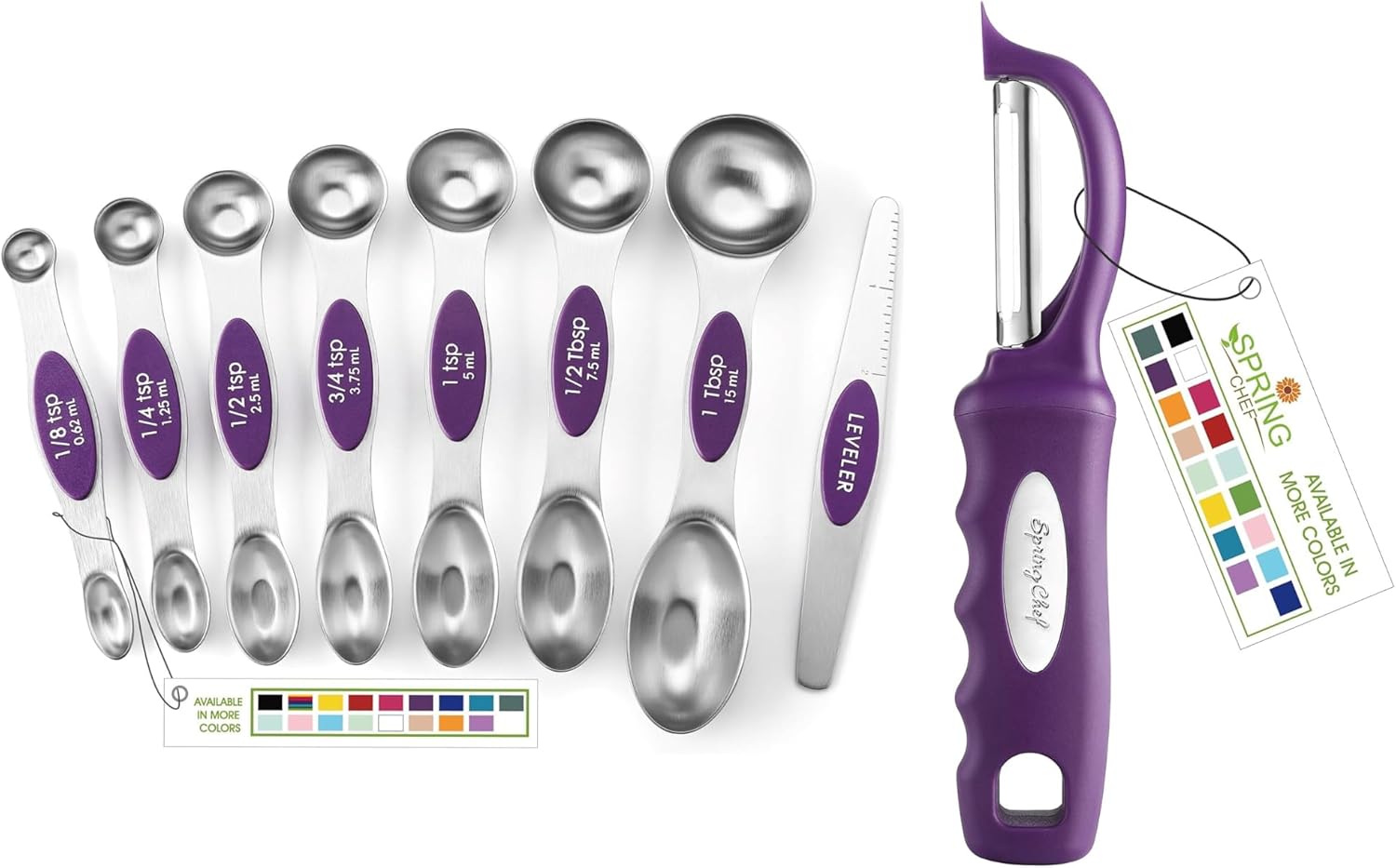 Spring Chef Dual Sided Magnetic Measuring Spoons, Set of 8 & Stainless Steel Swivel Vegetable Peeler- 2 Product Bundle - Purple