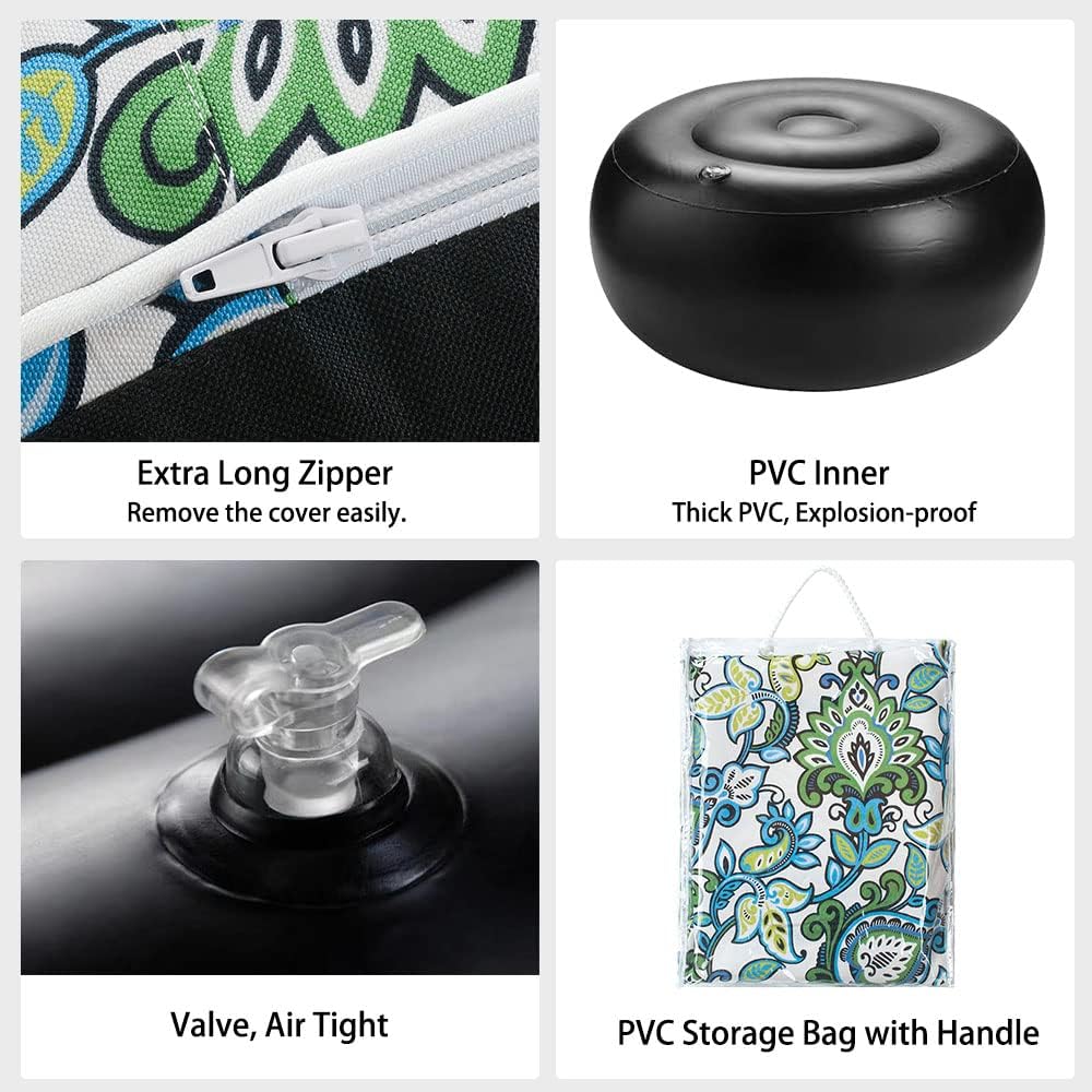 Magpie Fabrics Indoor/Outdoor Inflatable Stool Ottoman Pouf, Water Repellent Round Footrest Footstool with Foot Pump D20 xH9, Portable for Patio Garden Travel Camping or Home, Floral Blue Green