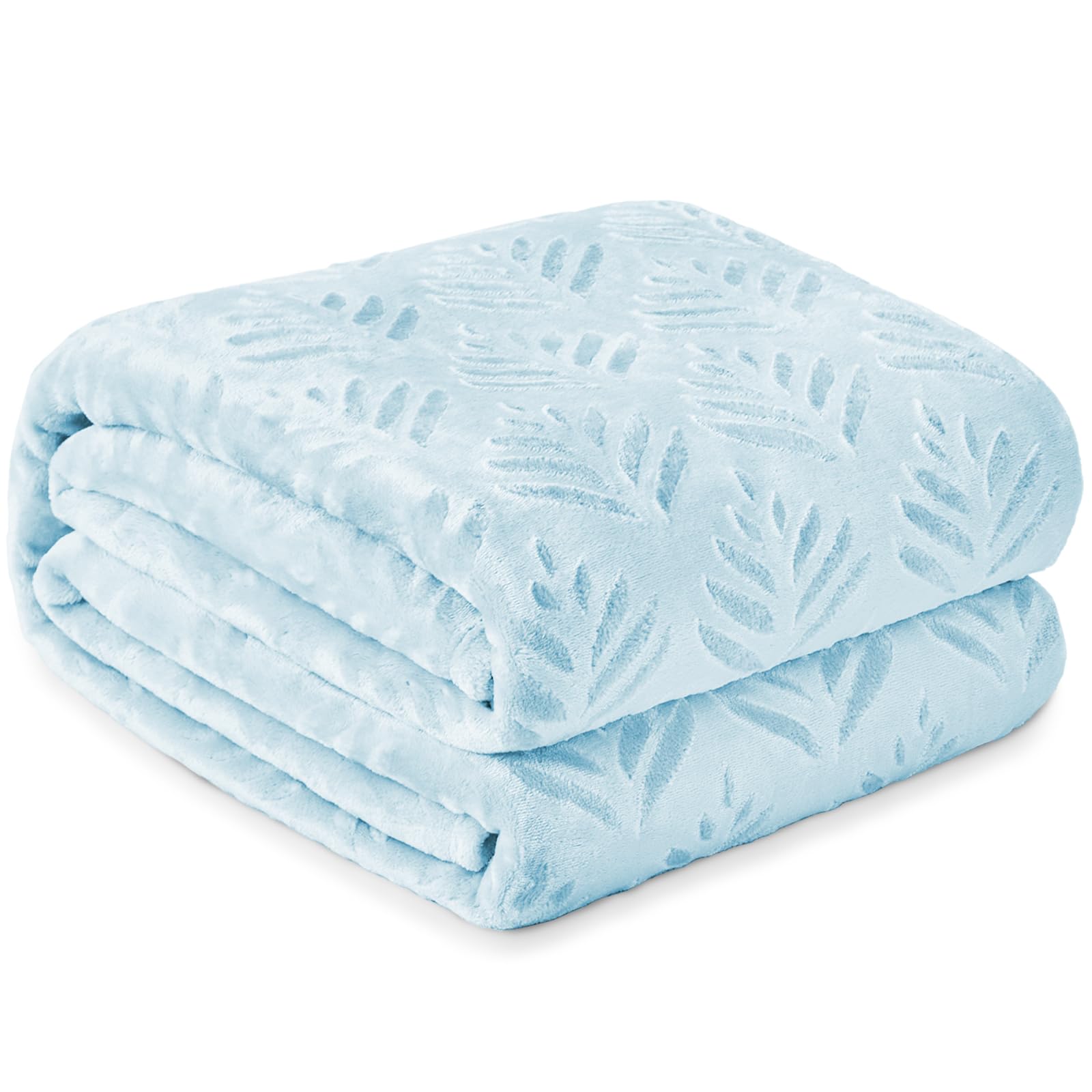 Exclusivo Mezcla Twin Size Fleece Blanket for Bed, Super Soft and Cozy Blankets All Season Use, Leaves Pattern, Plush Fuzzy Lightweight, Ice Blue,