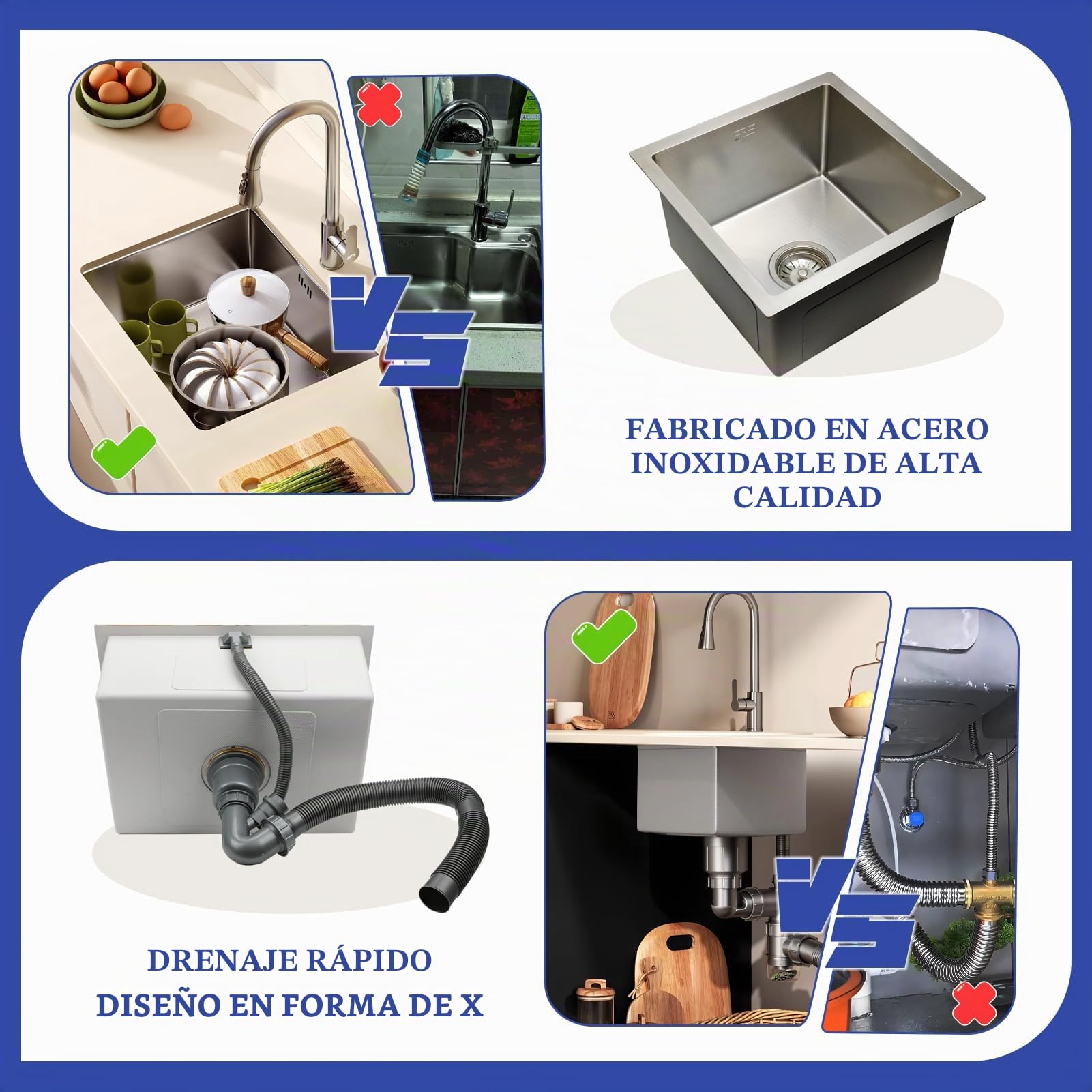 Fregadero Cocina 1 Seno 55 x 40 cm, Acero Inoxidable Cepillado, con Grifo Giratorio 360°, Fregadero Bajo Encimera o Sobre Encimera, con Sifón, Rebosadero y Desagüe, Escurridor de Enrollable