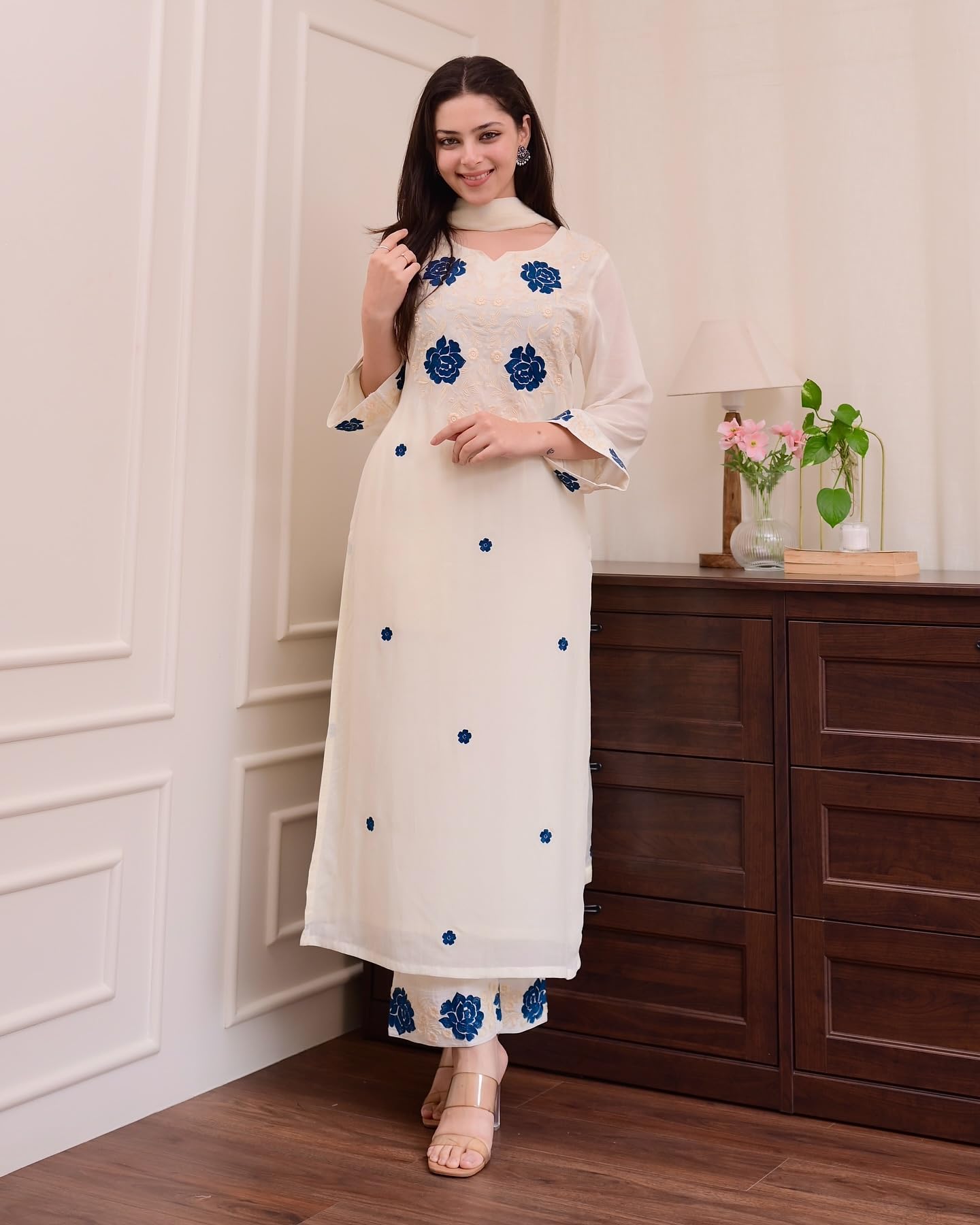 White Embroidered Rayon Kurta Dupatta Set with Pants, Boat Neck, Long Sleeves, Knee Length,-image-48
