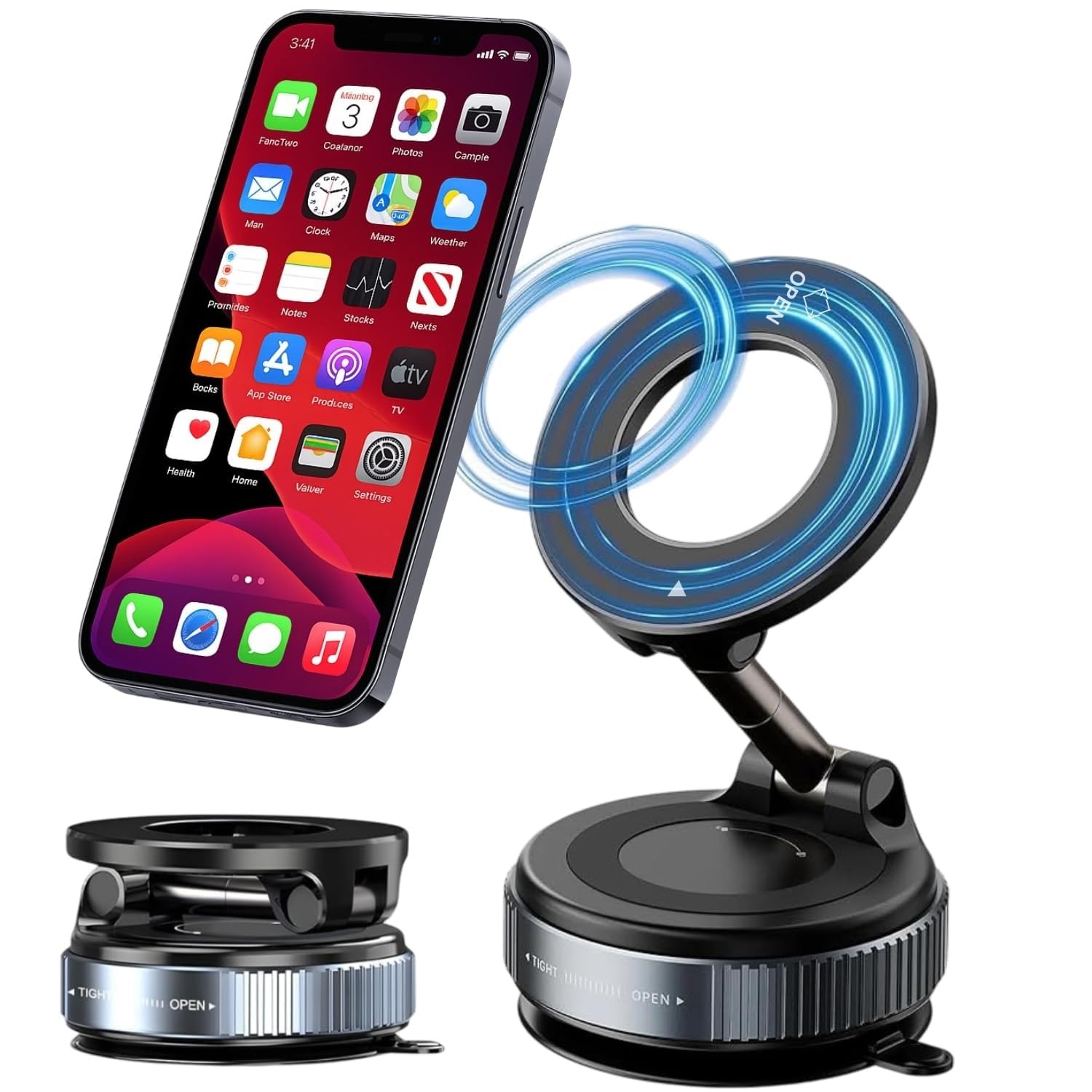 Elfora Vacuum Magnetic Phone Holder | 360° Adjustable & Foldable Hands-Free Suction Mount for Car/Gym/Mirror | Strong MagSafe Compatible with iPhone Android and All Smartphones (Black)