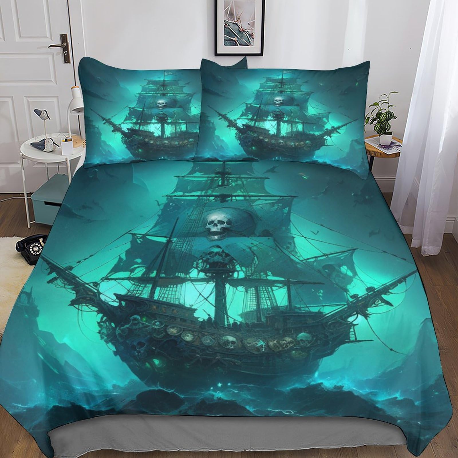 Nahcbiot Pirate Ghost Ship-1 Pirate Ghost Ship Bedding Duvet Cover Set Microfibre Comforter Cover 3D Print Skeleton Skull Quilt Cover With 3 Piece Set Pillowcases For Children, Adults Double（200X200cm）