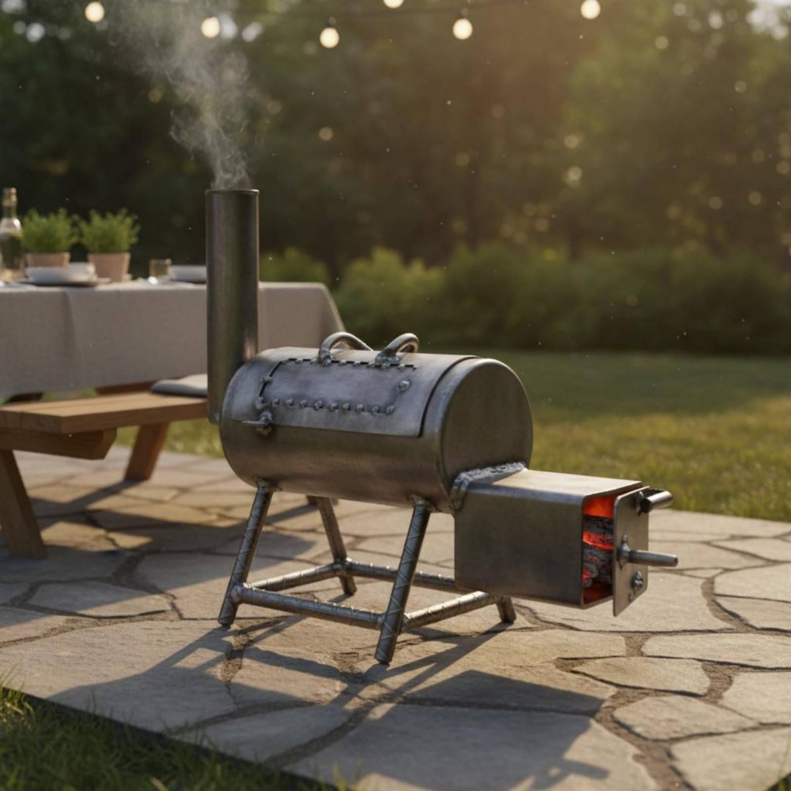 Barbecue Portatile da Tavolo Griglia Affumicatore Forno in Ferro Gusto Alla Formato Ridotto Struttura Spostabile con Fumo Offset Adatto per Feste tra Amici Cortili Terrazze Escursioni