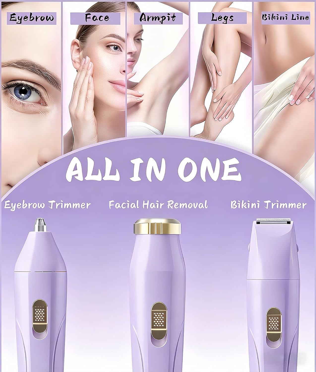 Eyebrow Trimmer Facial Hair Removal for Women - 3 in 1 Painless Eyebrow Shaver - Body Razor for Legs, Armpits, Face, Eyebrows, Bikini, USB Rechargeable, Easy to Clean, Light Purple