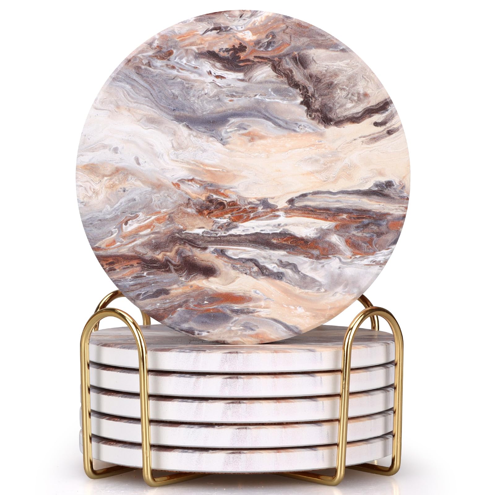 Dksyee Marble Coasters Set of 6 with Holder for Living Room Coffee Table Decor Ceramic Absorbent Drinks Coasters for Office Desk, Modern Farmhouse, Beer, Bar, Wine