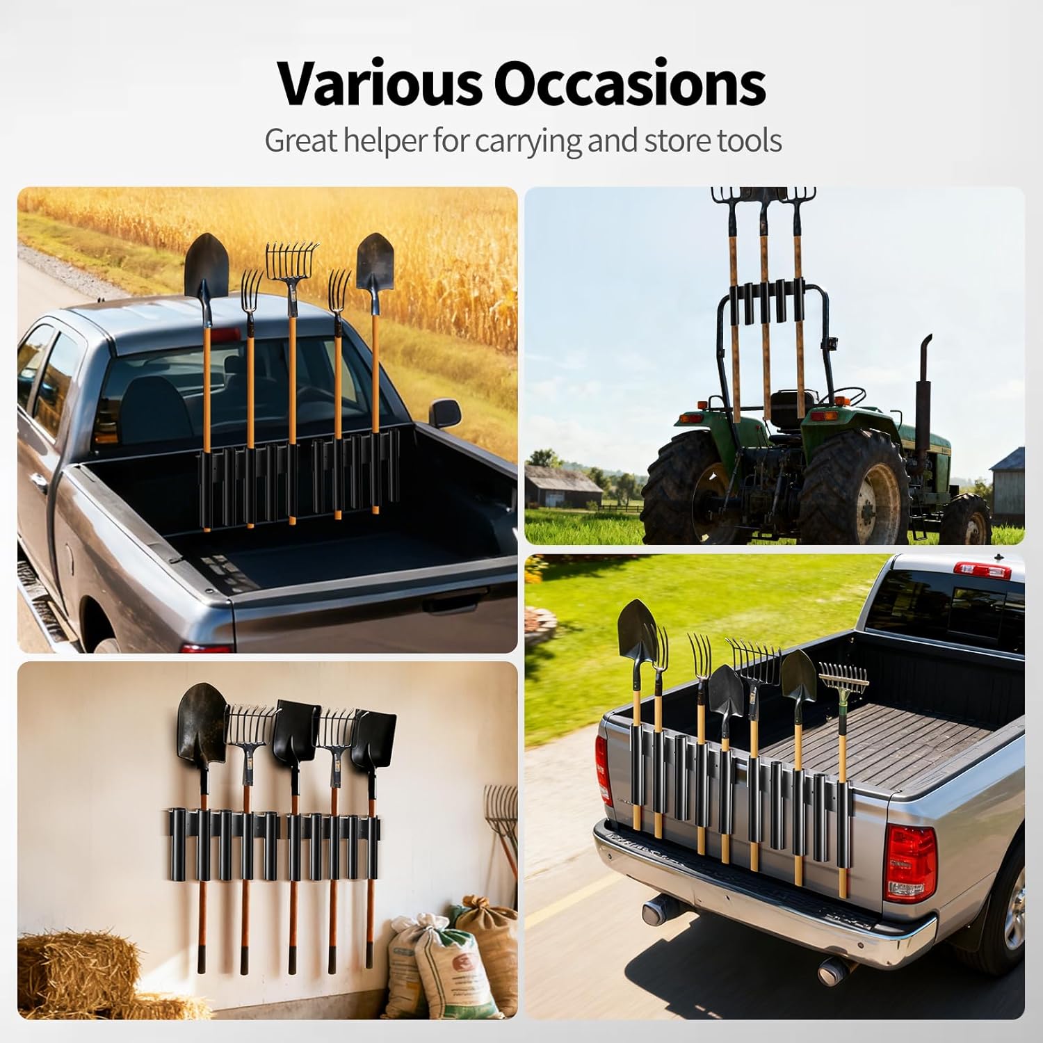 10 Hole Shovel Holder for Truck Bed & Trailer, Heavy-Duty Steel Tool Rack with 2 Mounting Groups, Universal Organizer for Shovel, Rake, Trimmer, Lawn Tools, Black
