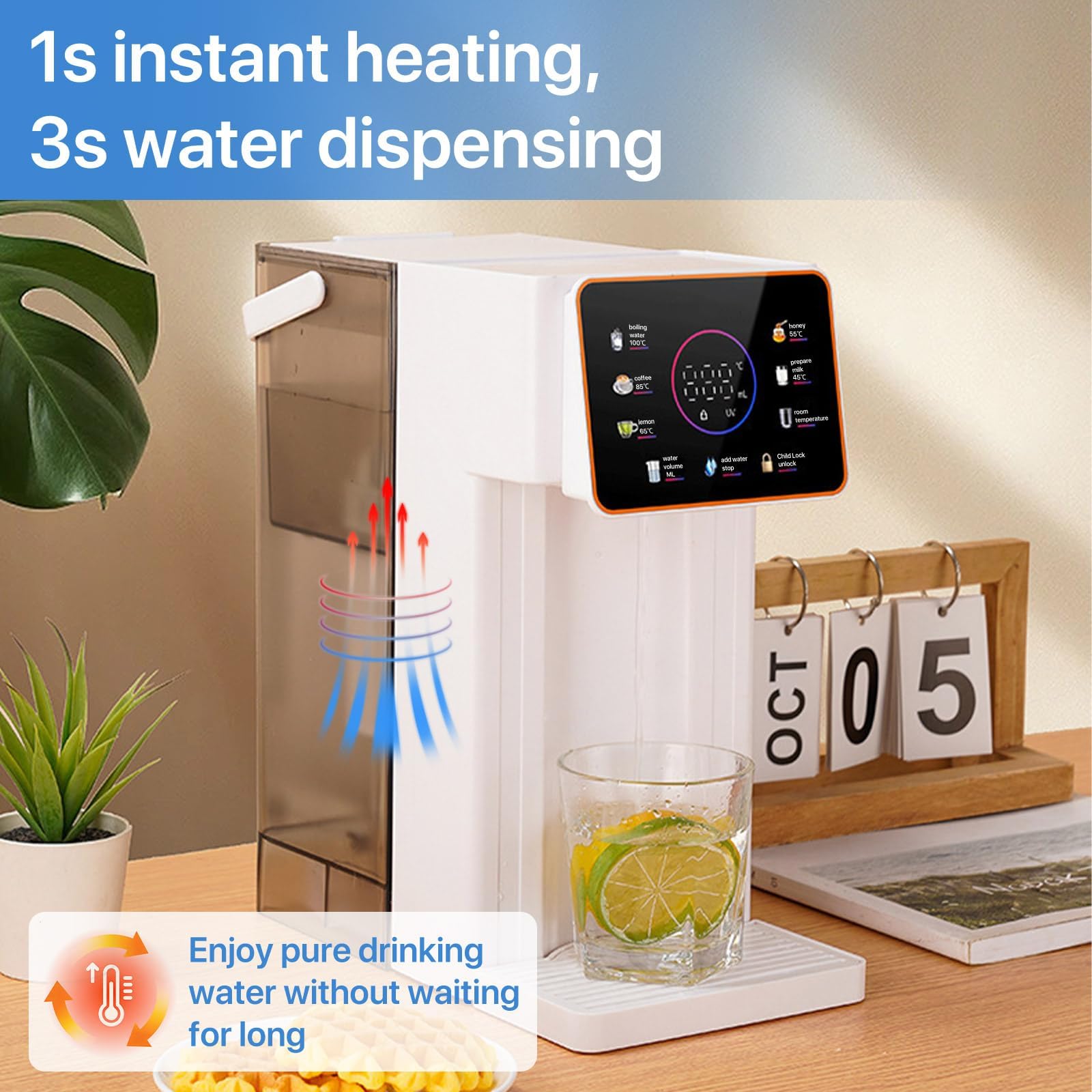Sofortiger Heißwasserspender 3L mit 2 Filtern, 8 Volumenoptionen, 6 Temperatureinstellungen, LED-Touchscreen, Auto-Clean & Lock für Küche und Zuhause