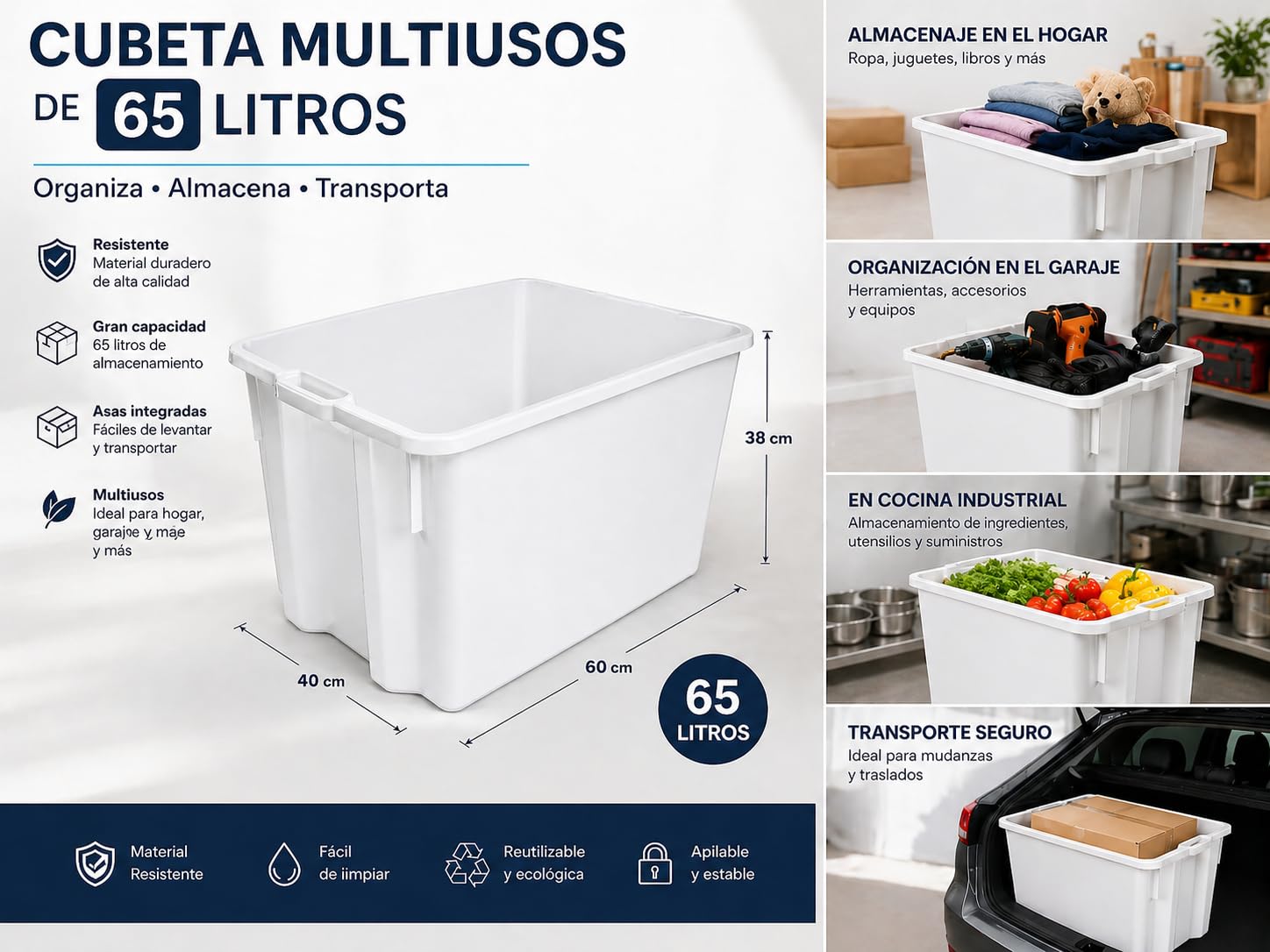 Cubeta Plastico con Tapa 65L Apilable | Caja Plastico Almacenaje Resistente y Ergonómica, Polietileno, 630x450x350mm | Uso Alimentario y Industrial | Fácil Limpieza y Ahorro de Espacio