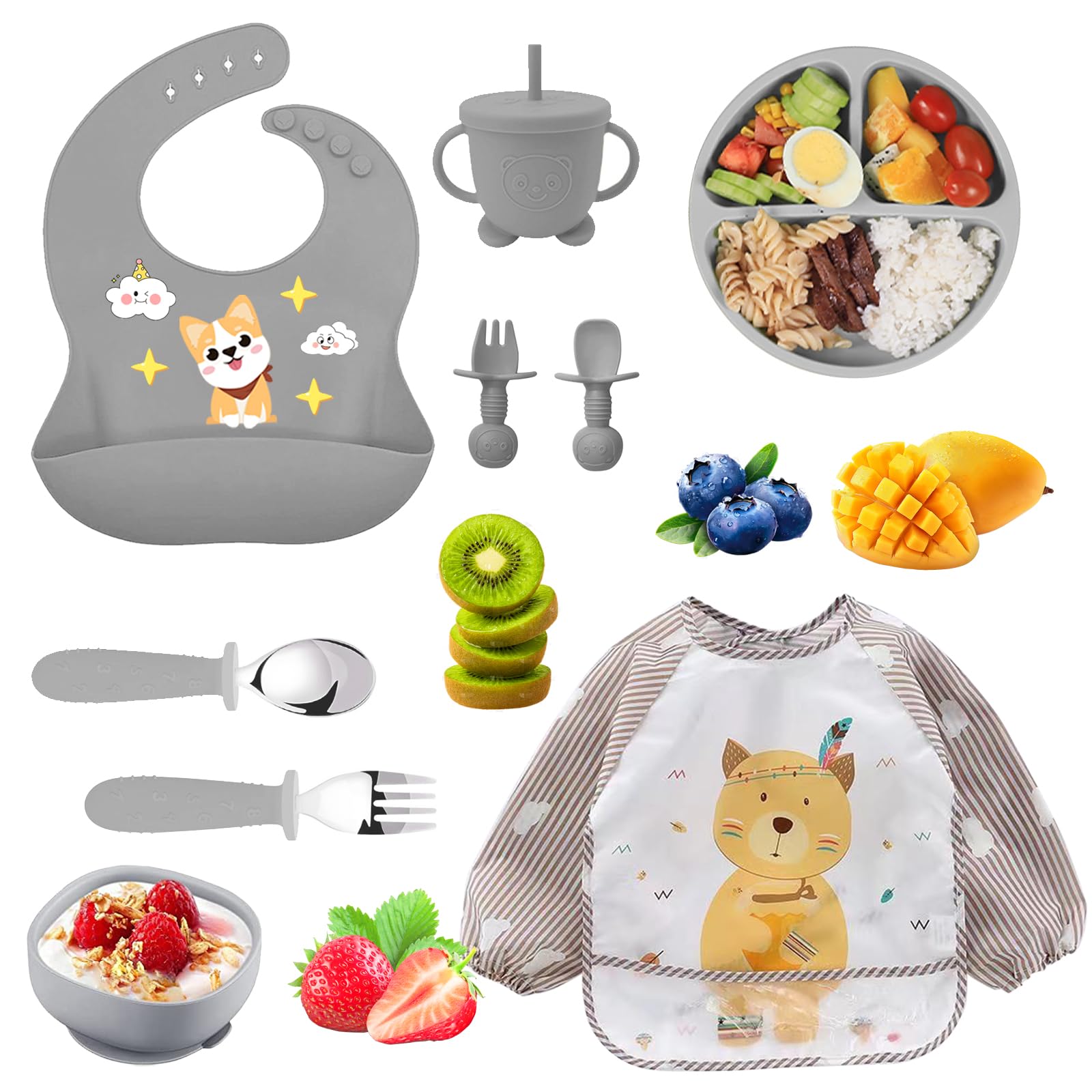 9-teiliges Silikon Baby Geschirr Set mit Saugnapf, Antirutsch Beikostgeschirr, Teller Schüssel Löffel Gabel Lätzchen, zahnfleischschonend & BPA-frei, spülmaschinenfest mikrowellengeeignet für Babys u