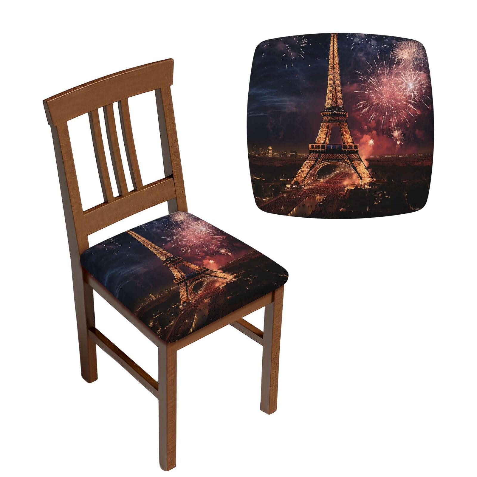 FodPand 4PCS Dining Chair Covers for Dining Room Eiffel Tower Fireworks Chair Seat Cover Stretch Parsons Chair Slipcover Removable Washable Seat Cushion Slipcovers Cover for Kitchen Office