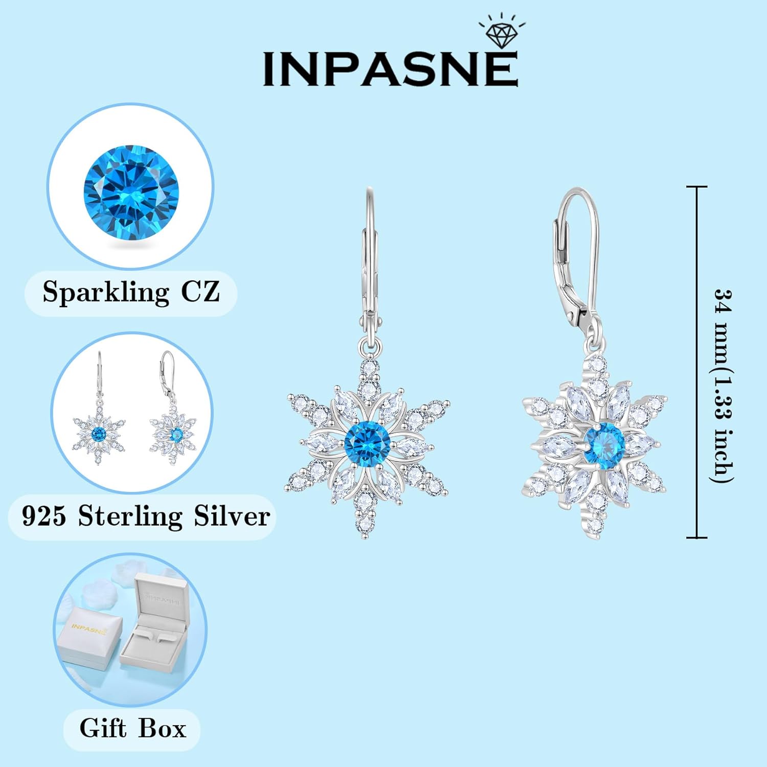 Snowflake Earrings for Women 925 Sterling Silver Christmas Earrings Dangle Drop Leverback Birthstone Jewelry for Her