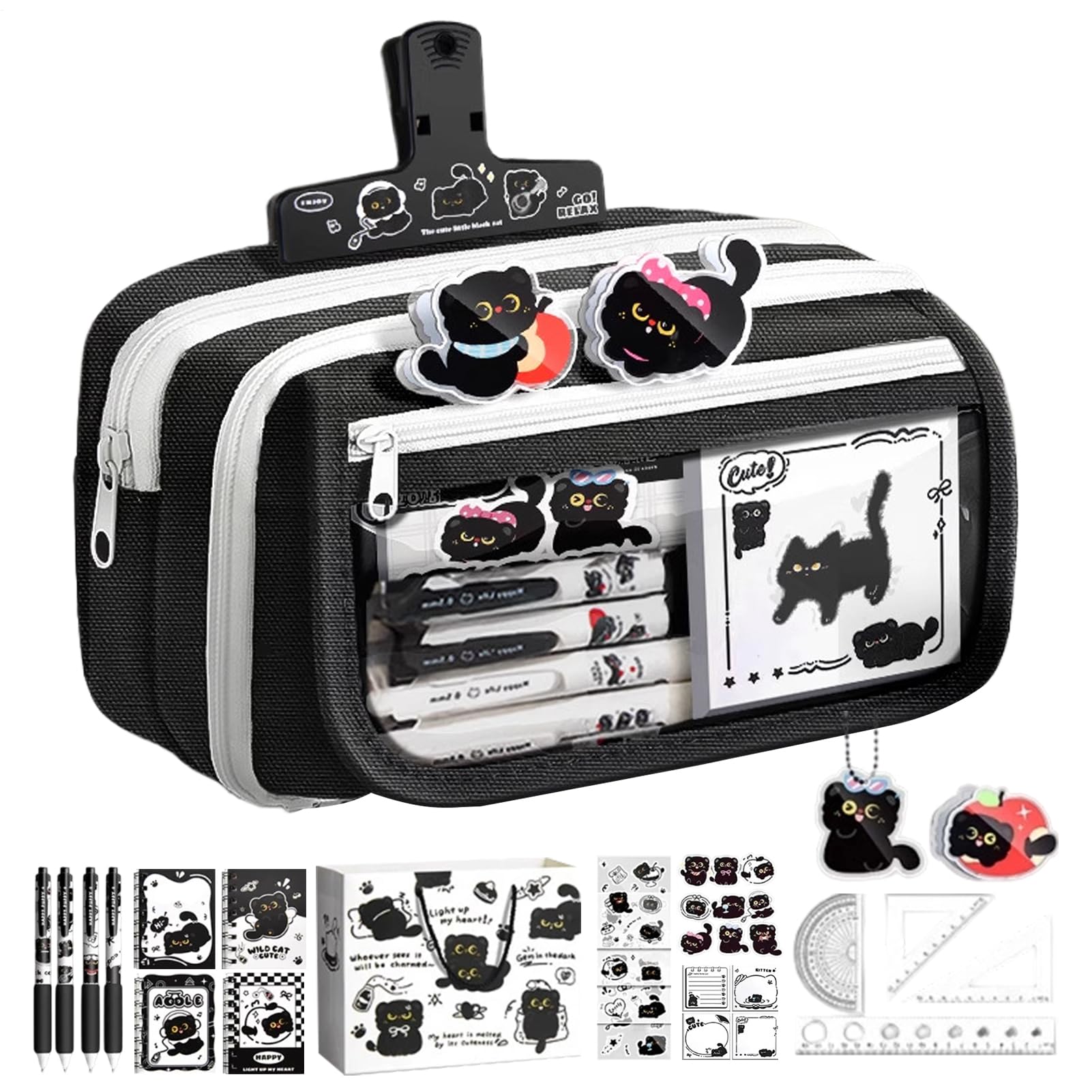 Generisch Astuccio Gatto Nero - Grande Kit di stoccaggio per penne, cancelleria, chiusura lampo, divertente stile decorativo, pratica borsa quotidiana per studenti