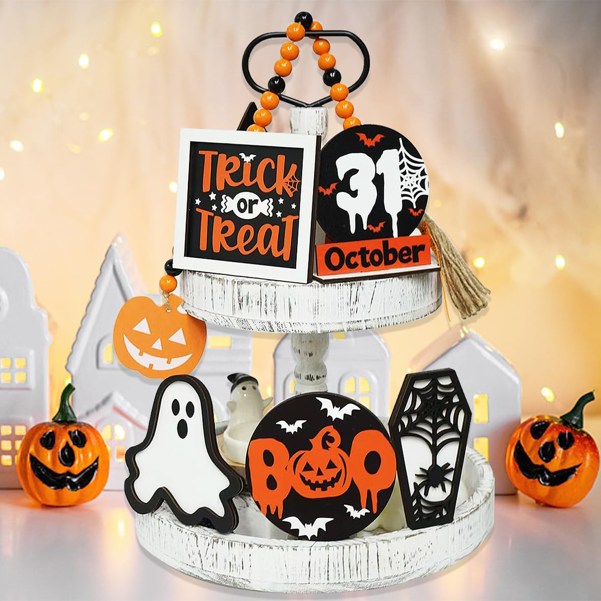 Halloween Tiered Tray Decor Set - 6 PCS Bat Coffin, Ghost, Haunted House Signs & Bead Garland