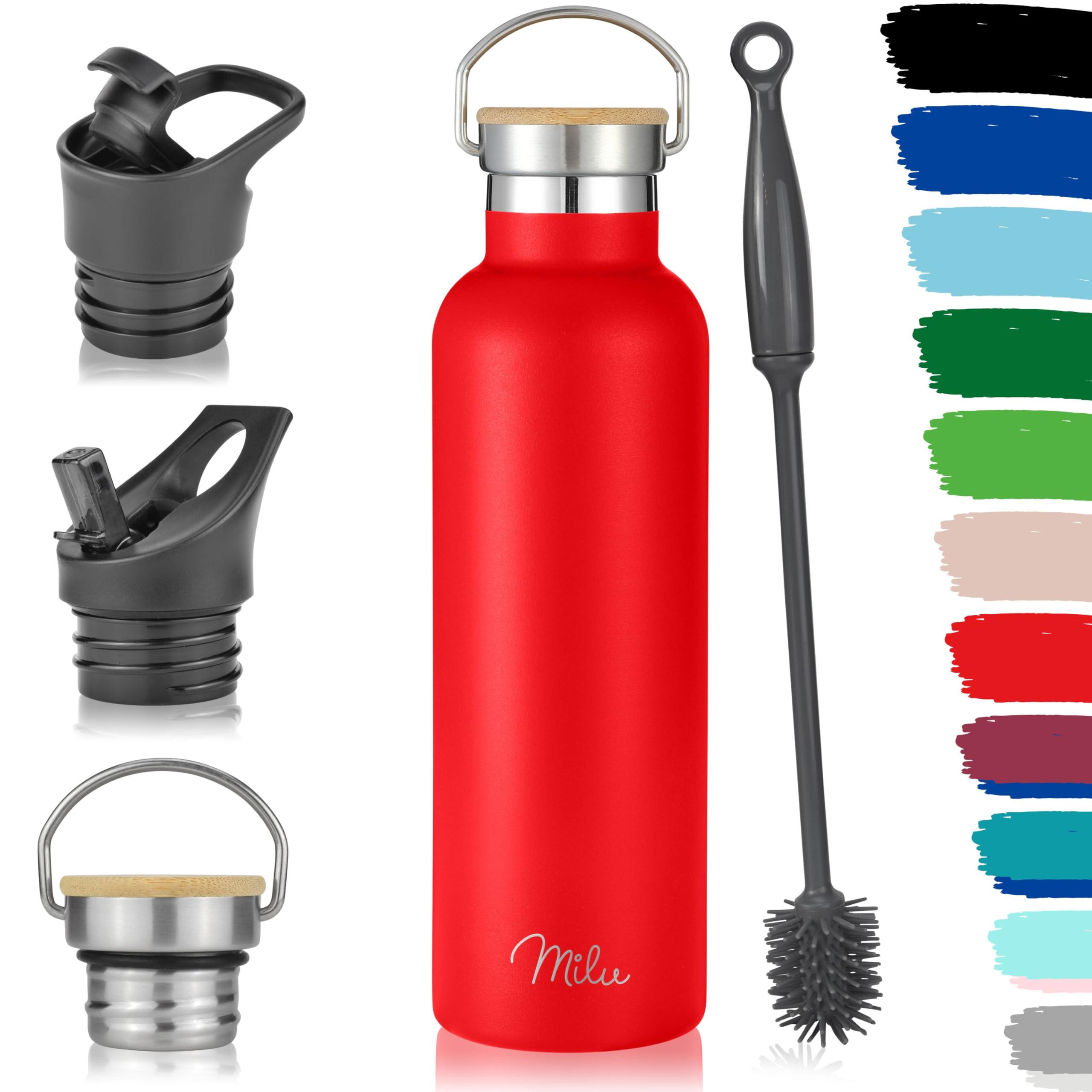 Milu Edelstahl Trinkflasche 350ml 500ml 750ml 1000ml (+3 Deckel) - Thermosflasche mit Strohhalm, Isolierte Wasserflasche, Auslaufsichere Isolierflasche doppelwandig, Kohlensäure geeignet (Rot, 750ml)
