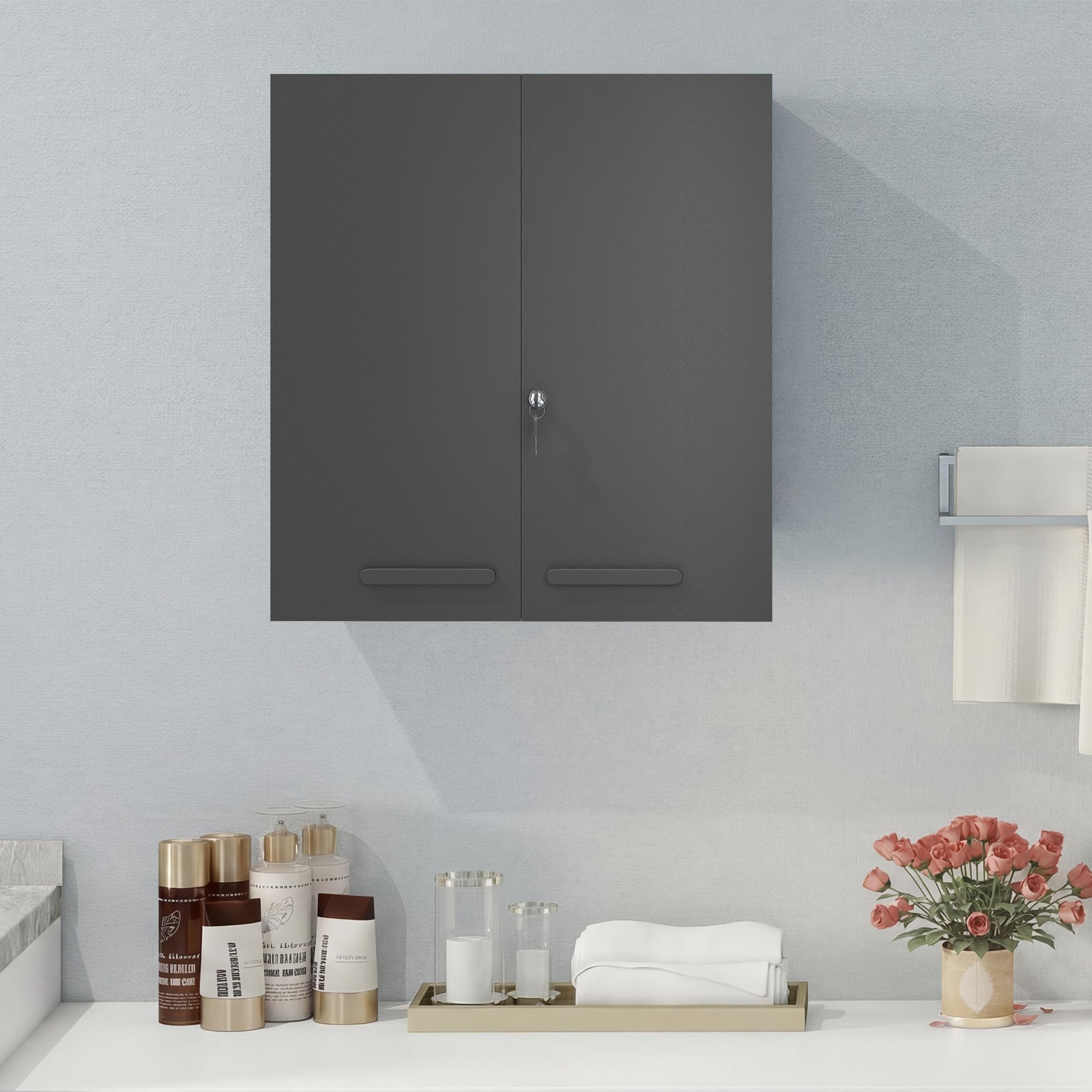kleankin Armoire à Pharmacie Verrouillable 2 Portes 55x18x60cm Noir