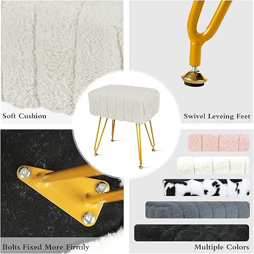 Miniatura 3 de Babion Taburete de tocador cuadrado de visón silla otomana de piel sintética blanca para sala de maquillaje cómoda silla otomana de maquillaje con