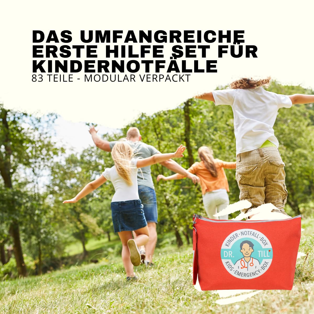Dr. Tills Kindernotfallbox MODULAR | 83 Teile | Erste Hilfe Set für Kinder & Eltern bei Notfällen | inkl. Erste Hilfe am Kind Ratgeber & Kindernotfallkarten