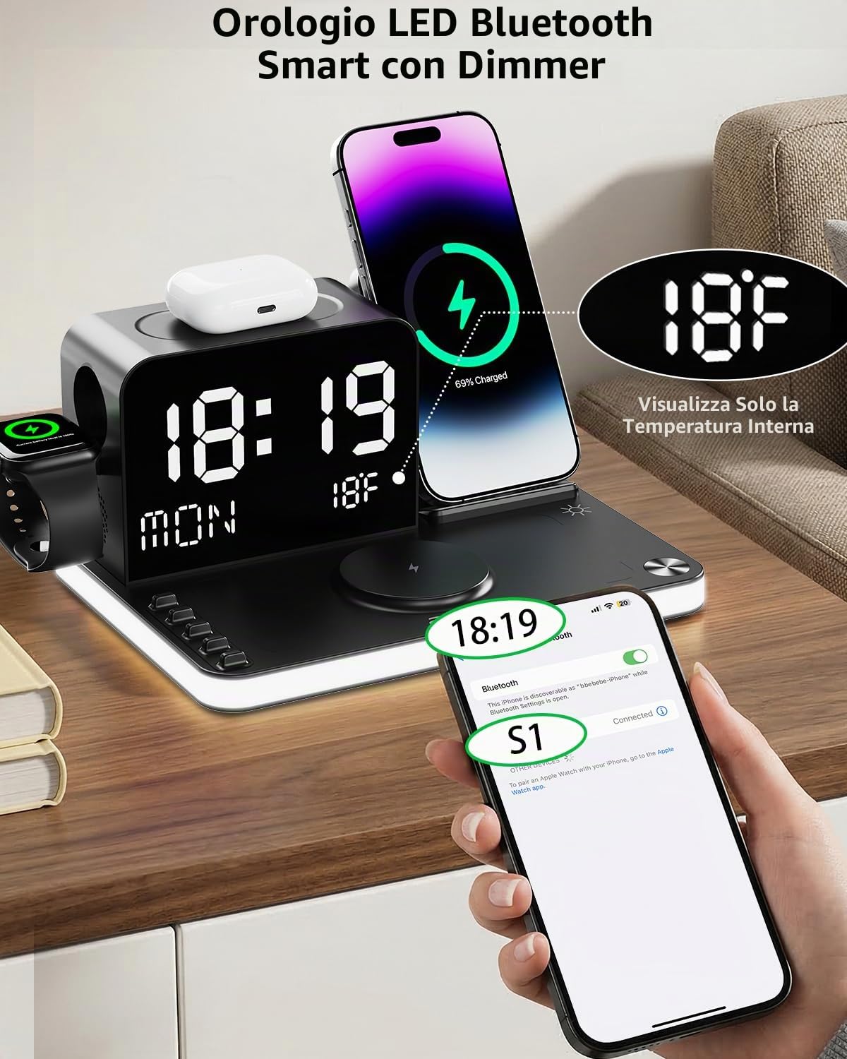 acer Stazione di ricarica wireless 7 in 1 con luce notturna a luminosità regolabile, compatibile con iPhone 16/15/14/13/12 tutte le serie, telefoni Android, AirPods e iWatch, caricabatterie rapido con