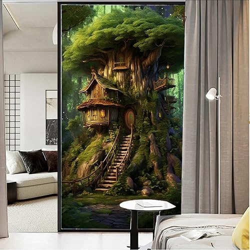 Miniatura 1 de Película de privacidad rústica para ventana, diseño retro de árbol de casa, vitral, bloqueo solar, control de calor, película decorativa para cubrir