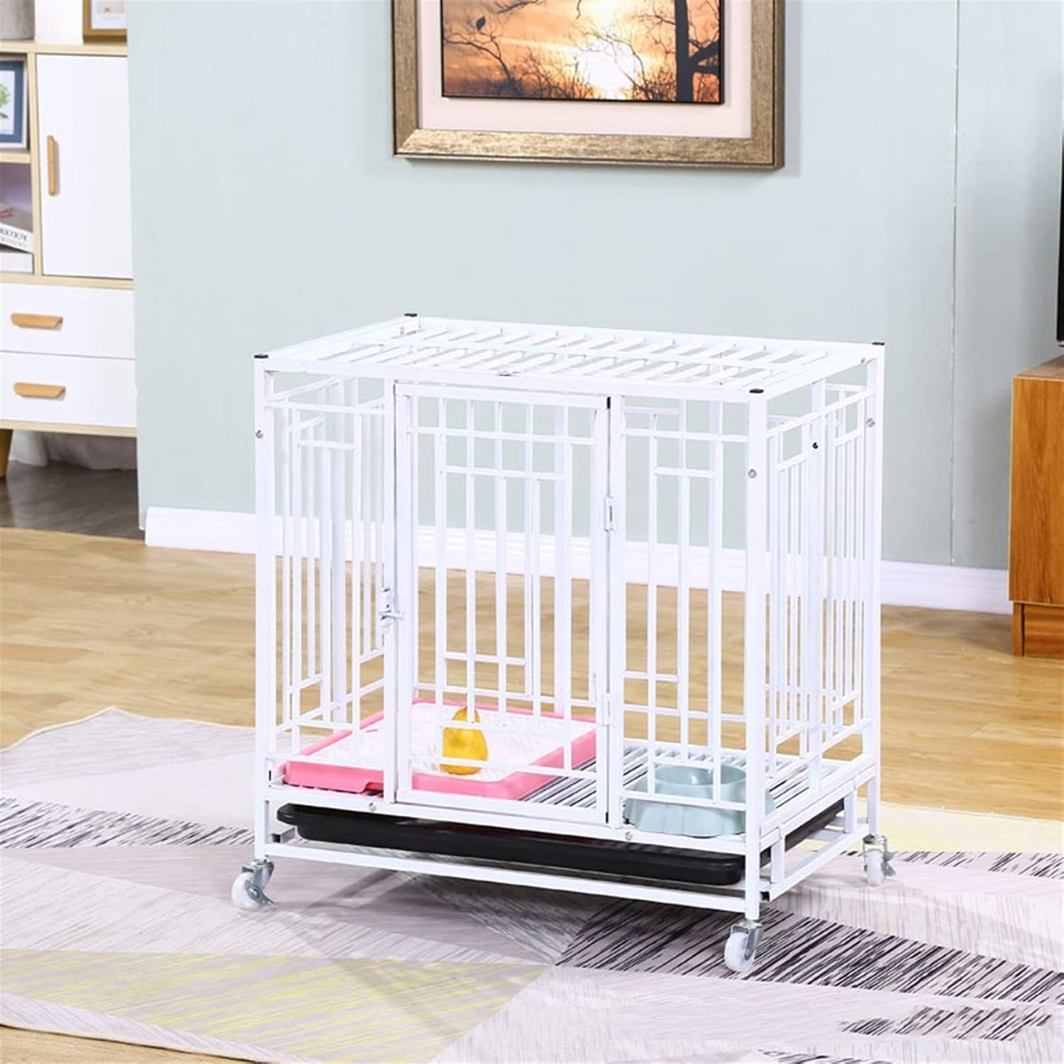 Dog cage White Dog Cage Indoor with Toilet Dog Fence Household Pet Cage with Tray with Brake Universal Wheel Dog House (Small)