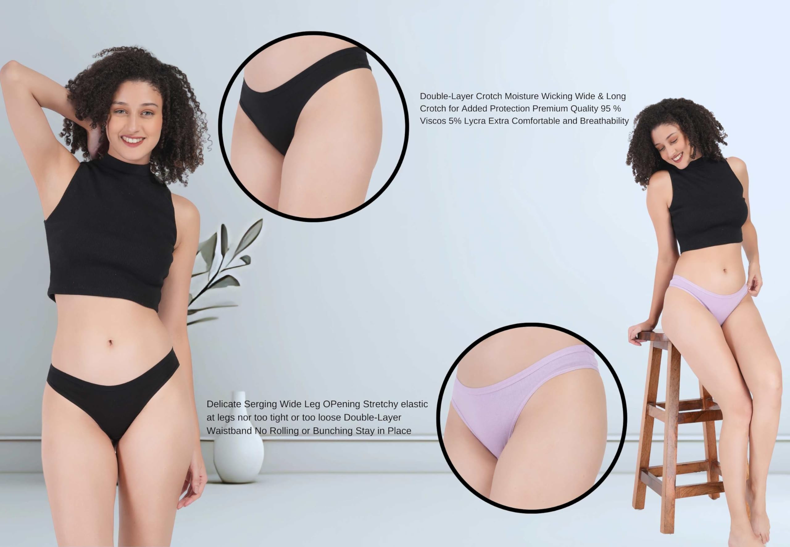 Flosee Women's Viscos Cotton G-Staring Thong Panties, Available in Regular & Plus Size Pack of 2 Black-Purple - Image 4 thumbnail