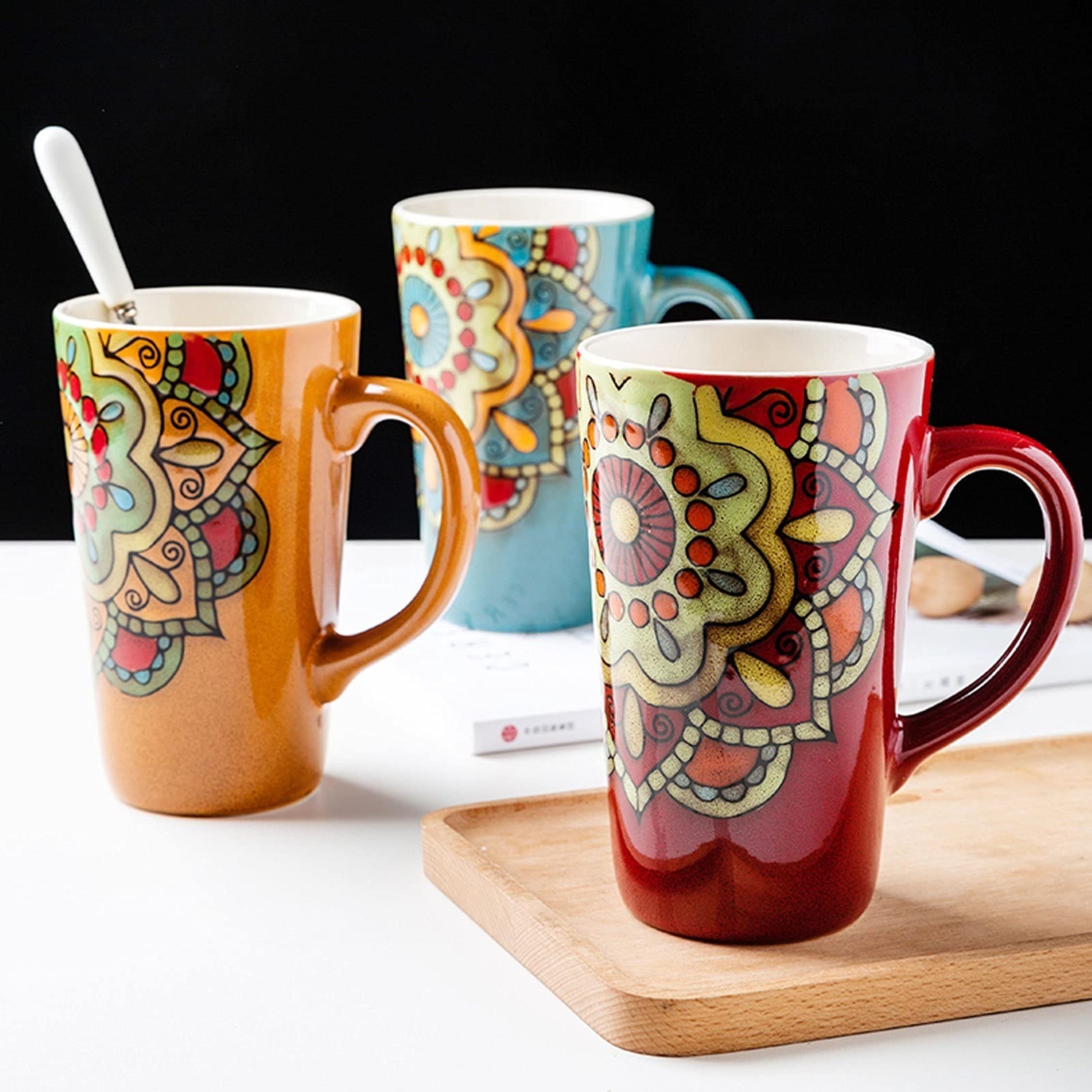Taza de café, Taza de té, Taza de Estilo étnico, Taza de café Retro Pintada a Mano, Taza Larga Grande, Taza de cerámica de Gran Capacidad (B)