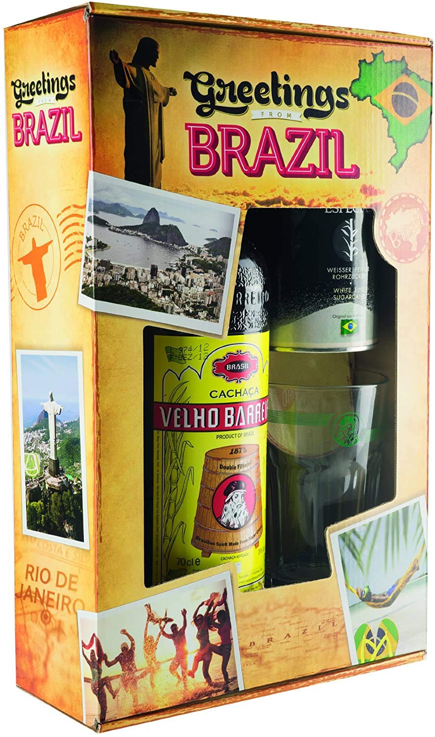 VELHO BARREIRO Caipirinha-Set "Greetings from Brazil" Cachaça 700ml 39% vol