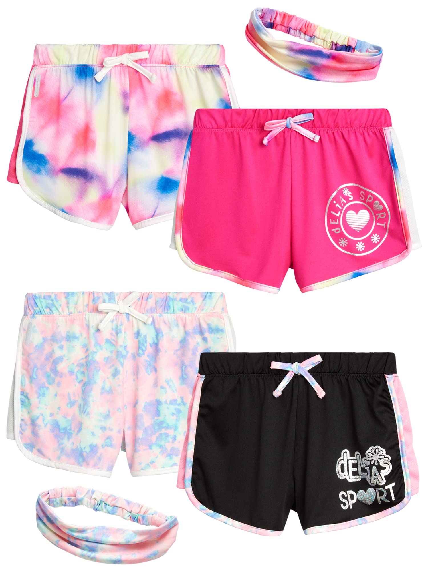 dELiA*s Girls' Active Shorts - 4 Pack Athletic Gym Dolphin Running Shorts with Headband (7-16)