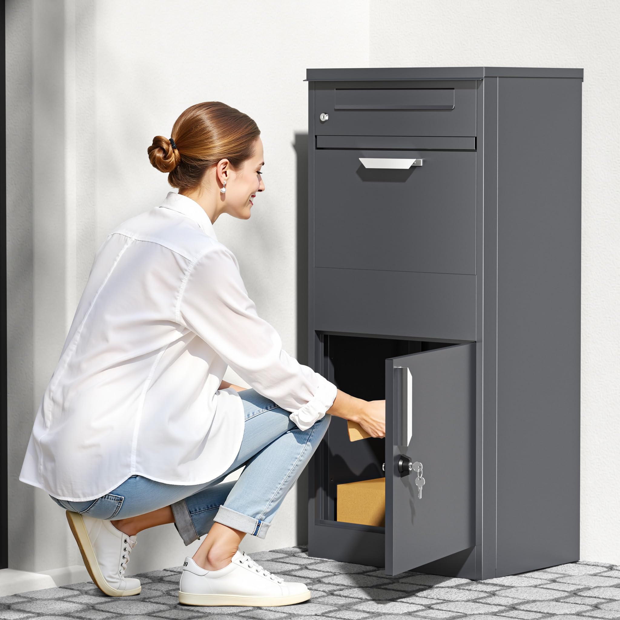 Paketkasten Anthrazit 500 x 370 x 1120 mm, Paketbox Zuhause, Private Paketannahme passend für Pakete und Päckchen, Standbriefkasten Stahl
