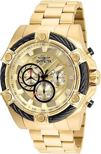 Invicta Stainless Steel Bolt Chronograph Gold Dial Analog Watch for Men – 25515, Gold Band