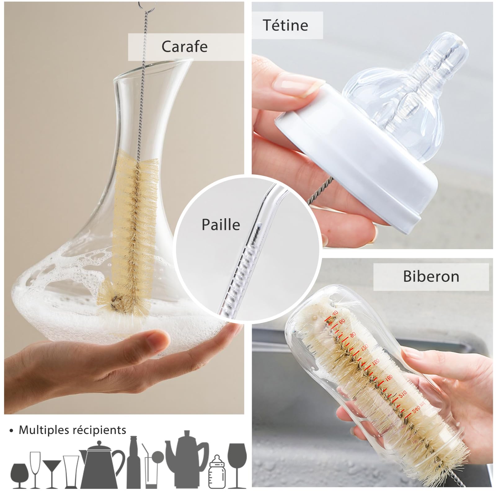 MASTERTOP Juego de 9 Cepillos para Botellas Largos y Flexibles Juego de Cepillo de Limpieza para Taza, Vidrio, Biberón, Pajita, Termo y Varios Recipientes