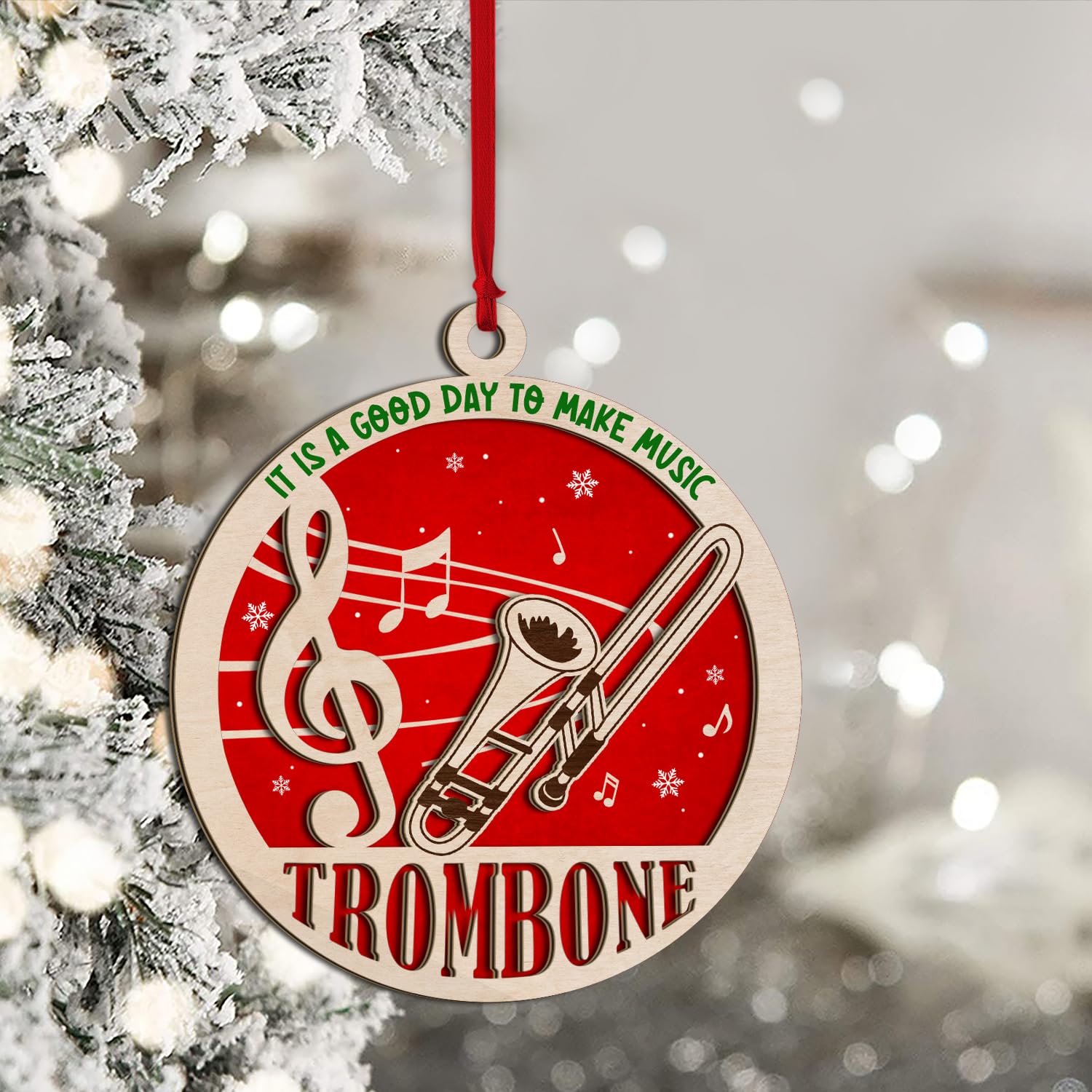 3D Posaune Holz Ornamente für Weihnachtsbaum, Musikinstrument Posaune Ornament mit Violinschlüssel & Musiknote, Marschband Posaune Ornament Andenken Geschenk für Posaune Spieler Liebhaber Band