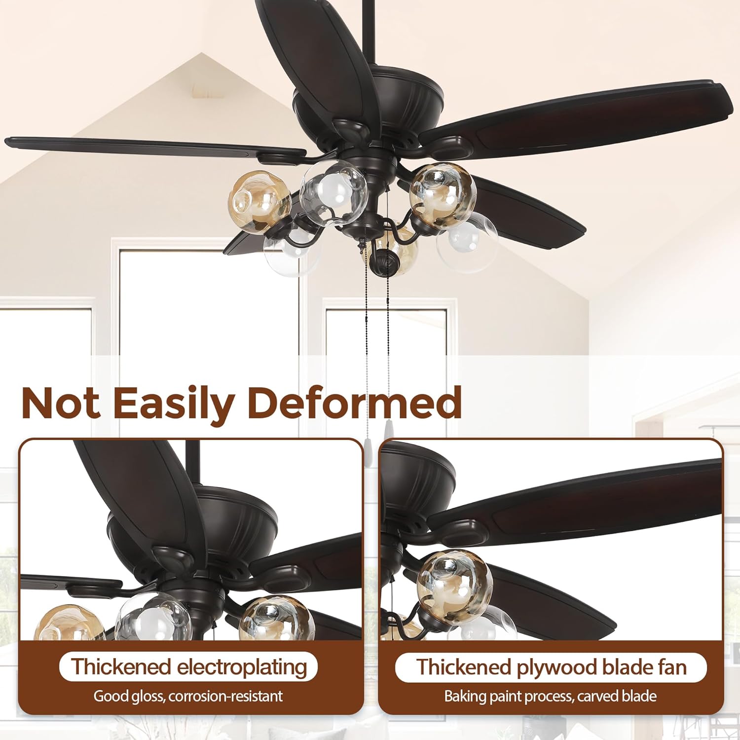 52 Inch Ceiling Fan with Light with 3 Speed, 3 Color LED Light, Quiet Reversible DC Motor(Warm in Winter, Cool in Summer), 5 ABS Blades, Bronze Finish, Ceiling Fan for Indoor Farmhouse Patio Bedroom