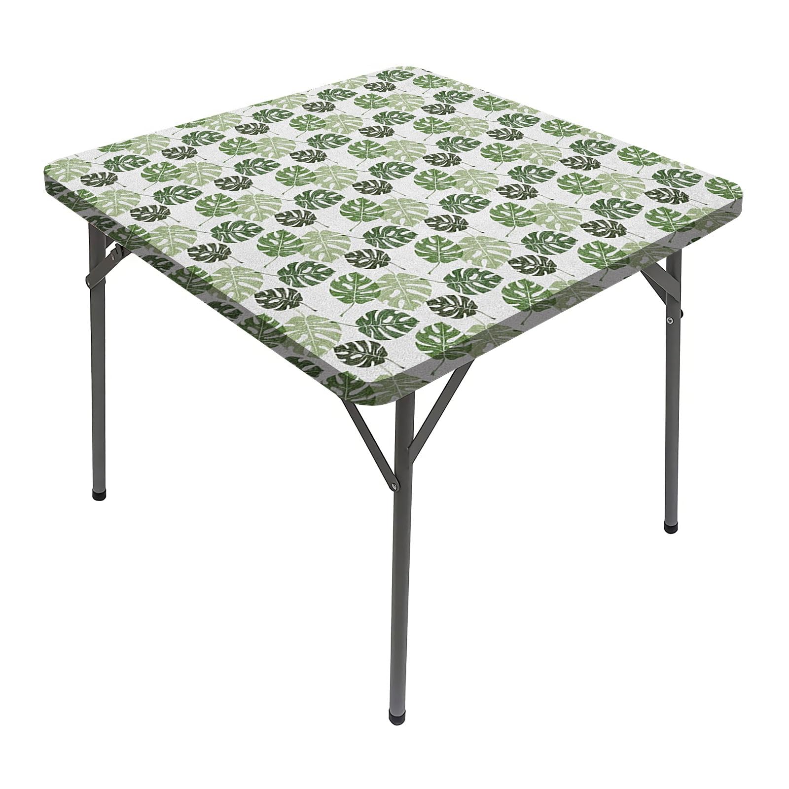 JUNTAIY a Elastic Edged Tablecloth, Tropical Jungle Foliage Hawaiian Nature Growth Square Dining Table Cover, Fits 24x24 inch Table, for Outdoor Indoor Holiday Picnic Party Cloth, Green and White