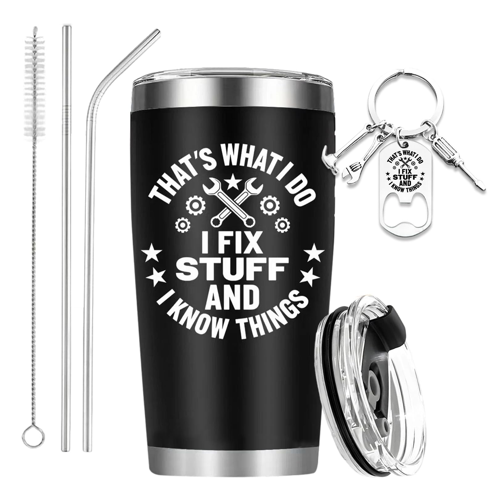 Nodrex Gifts for Men, Birthday Gifts for Men Funny and Unusual, Stainless Steel Travel Tumbler Gift Set, I Fix Stuff and I Know Things Mechanic Presents for Him Dad Husband with Keychain