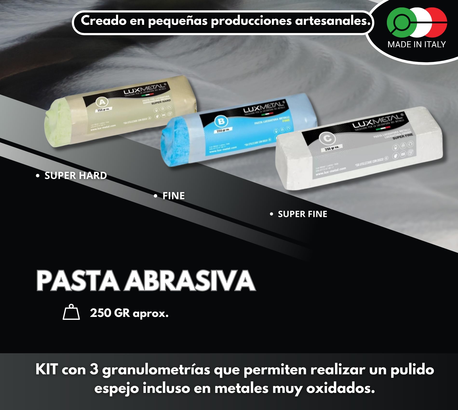 Lux Metal - Kit de pulido 02 con 3 discos de pulido de 150 mm y 3 pastas de pulido de 250 g - Ideal para pulir aluminio, acero inoxidable, latón, cobre, bronce, hierro, plata, oro, madera, plástico