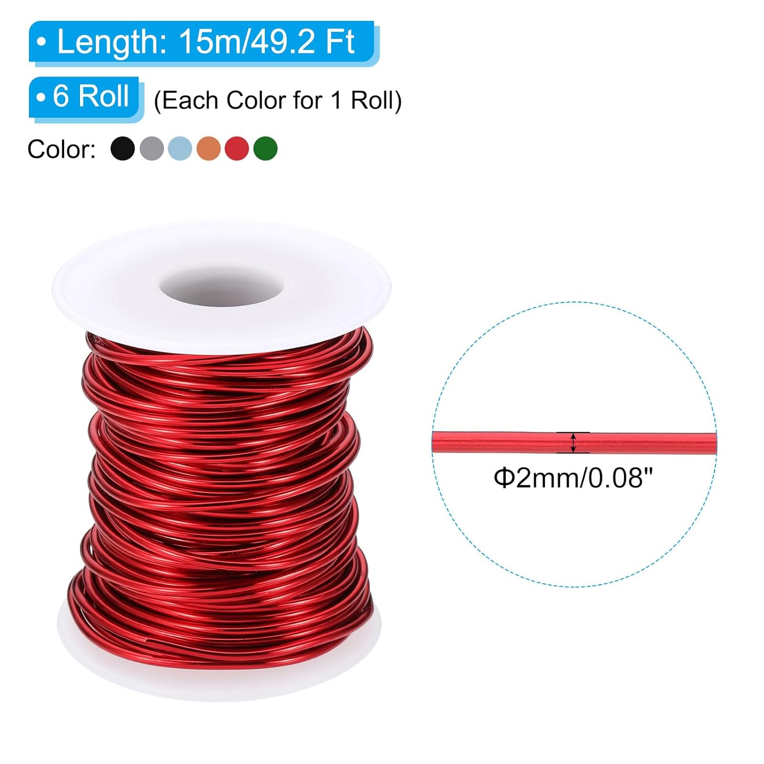 PATIKIL 12 Gauge 2 mm Aluminum Craft Wire, 49.2 Ft Metal Wire 6 Roll Armature Bendable Wire for Jewelry Making Metal Wrap DIY, Green/Black/Rose Gold/Red/Blue/Silver