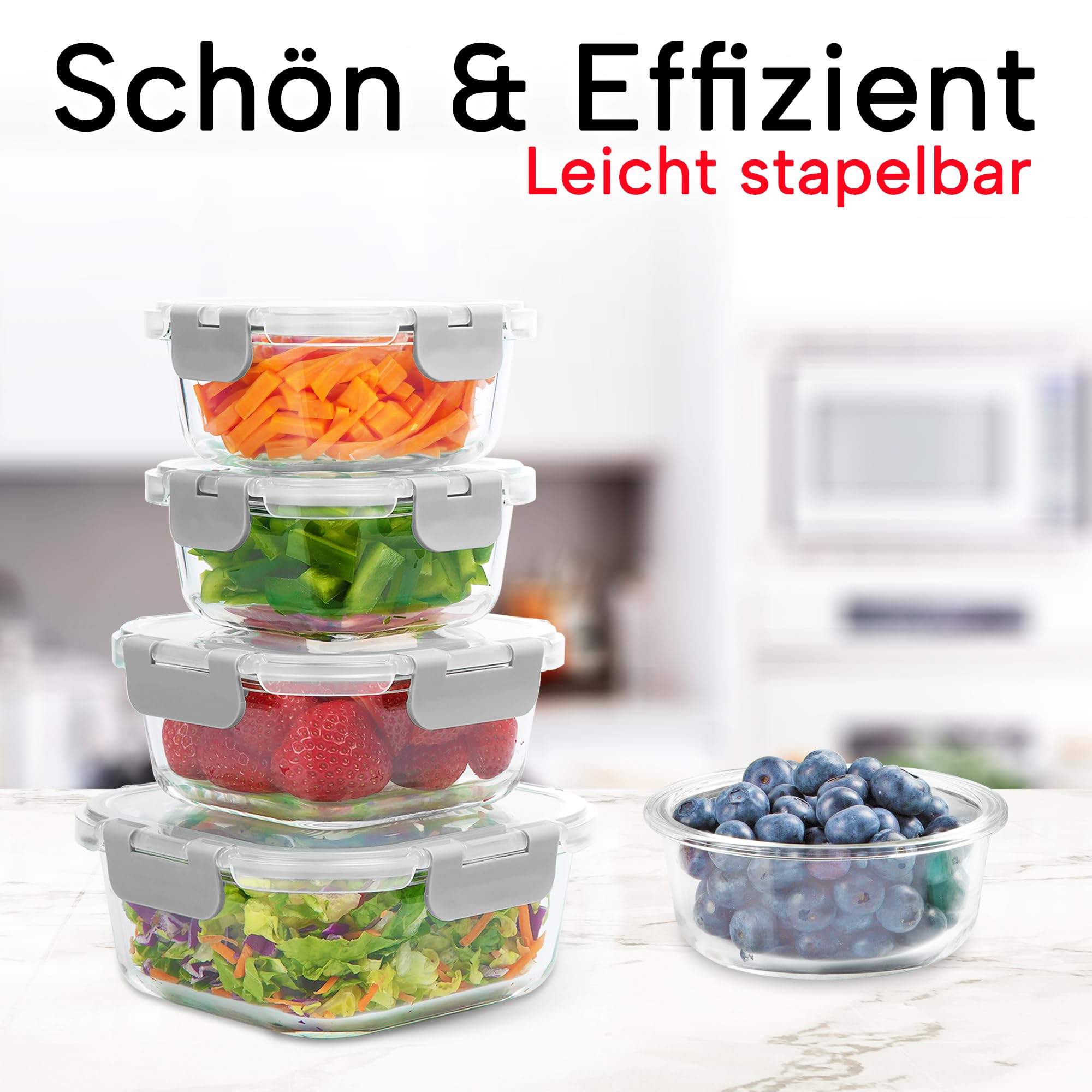 Zulay 12er-Set Glas-Frischhaltedosen für Meal Prep, Tupperdosen Set aus Glas mit luftdichten Deckeln - Meal Prep Boxen Gläser, spülmaschinen-, mikrowellen-, ofen- & gefriergeeignet, BPA-frei - Grau