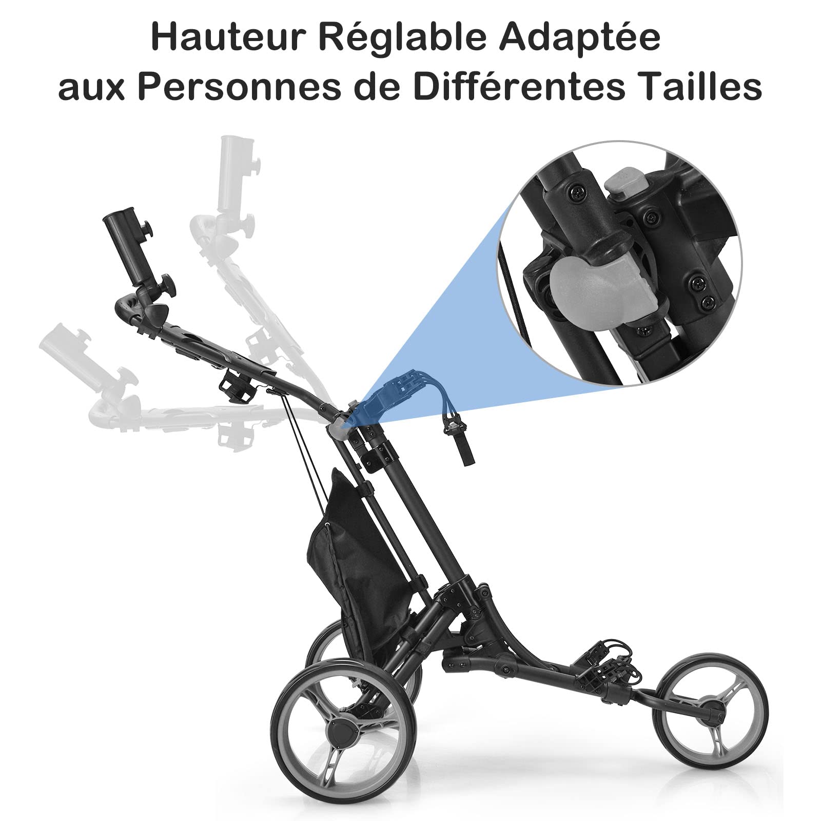 GOPLUS Carrito de Golf Plegable 3 Ruedas, Altura Ajustable, Aluminio, Portaparaguas, Bolsa Impermeable, Freno Pie, 121x70x116 cm
