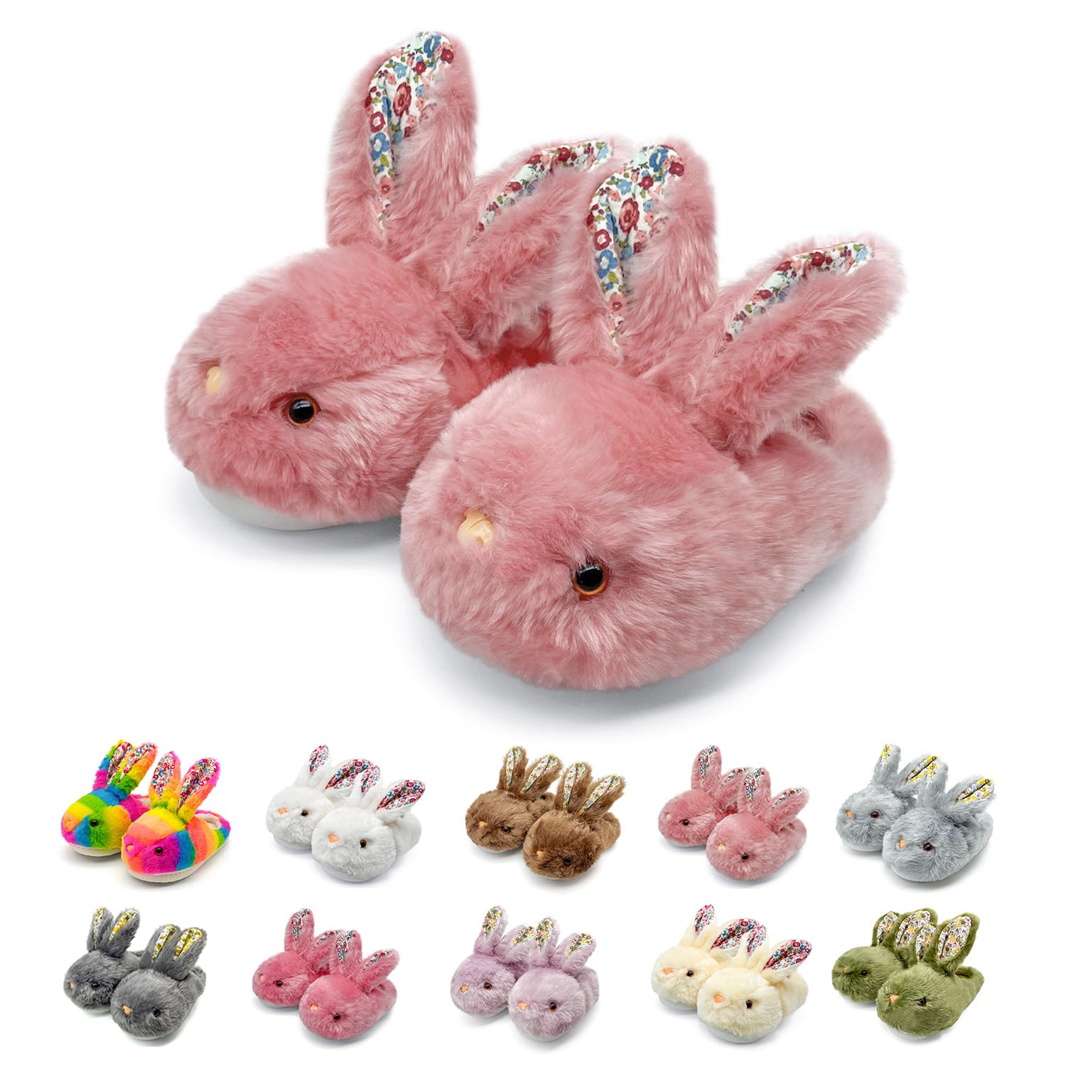 Womens Fluffy Rabbit Slippers with Floral Ears Plush Bunny Bedroom House Shoes Plus Size Adult Cotton Cute Indoor