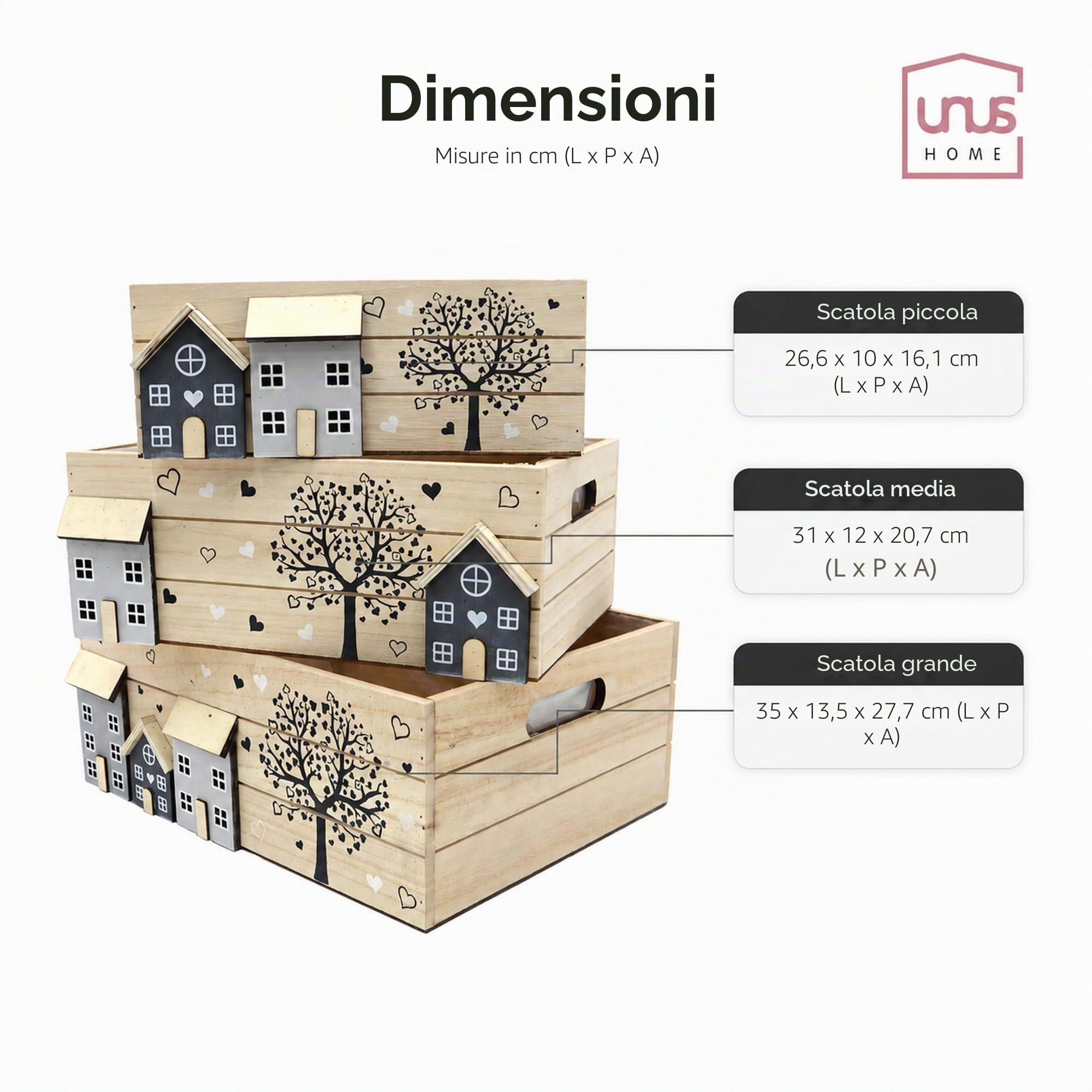 Set di 3 casse in legno UNUS come scatole portaoggetti, scatole decorative, scatole organizzatrici con manici