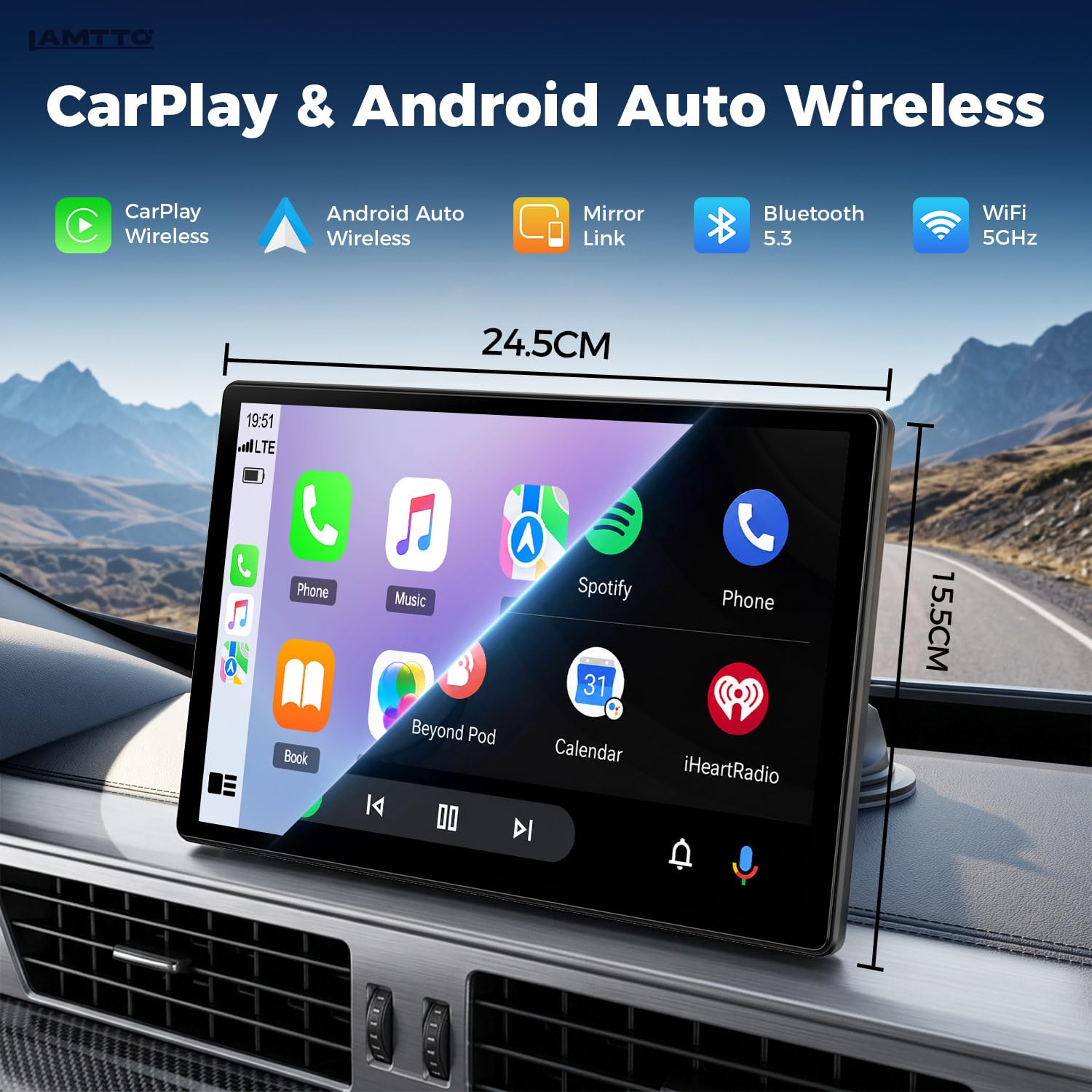 LAMTTO Schermo Portatile Wireless da 11 Pollici 2026 Upgrade CarPlay per Apple CarPlay & Android Auto,Car Play per Auto con Navigazione GPS, Bluetooth, AirPlay, AUX, Connettività per Tutti i Veicoli