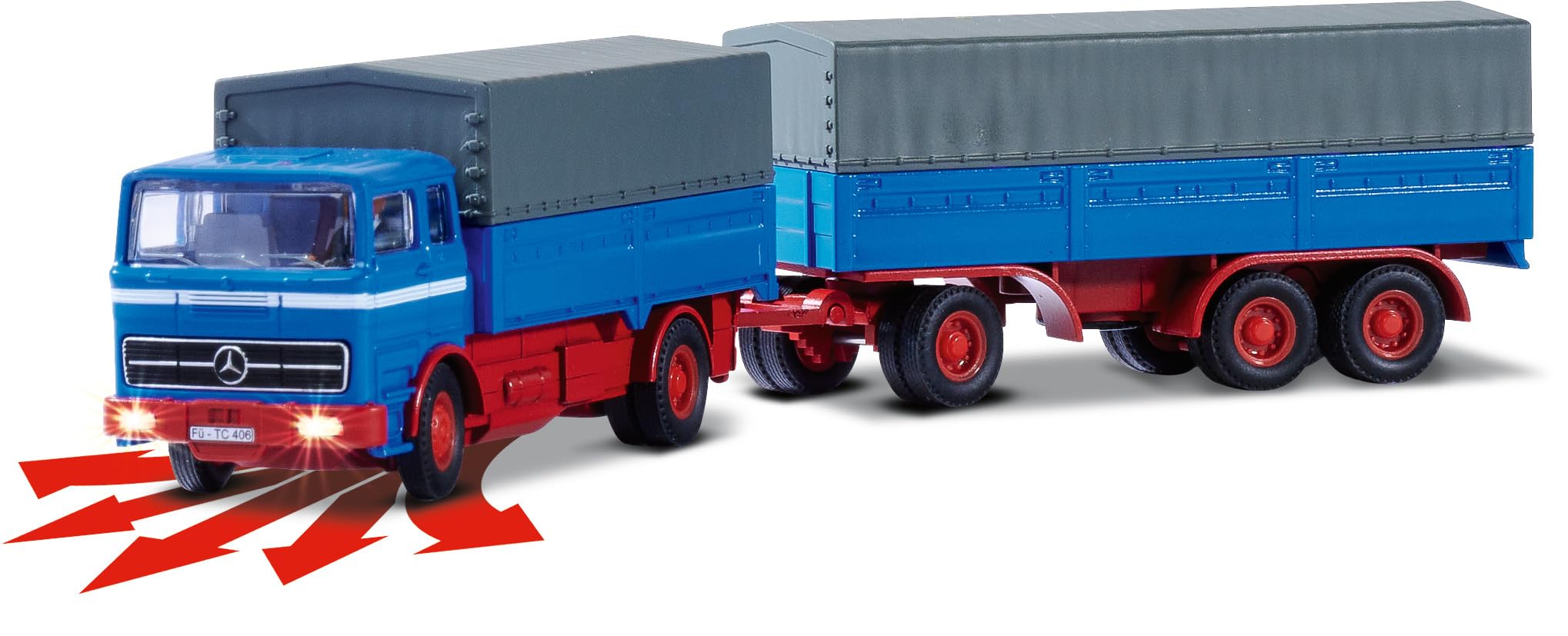 Carson 1:87 MB 1620 plandeka z przyczepą, 100% RTR niebieska, model gotowy do jazdy, samochód RC, model RC, pojazd diorama, zdalnie sterowana ciężarówka, zdalnie sterowana ciężarówka